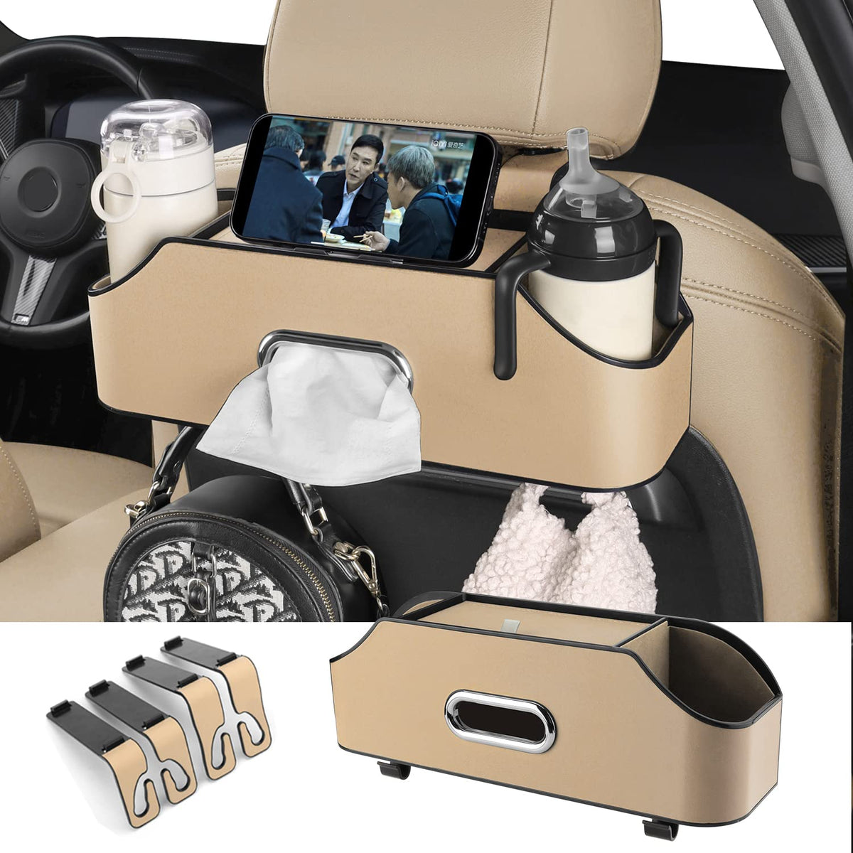 HOLDCY Car Back Seat Organizer with 2 Cup Holders, Tissue Storage, Black
