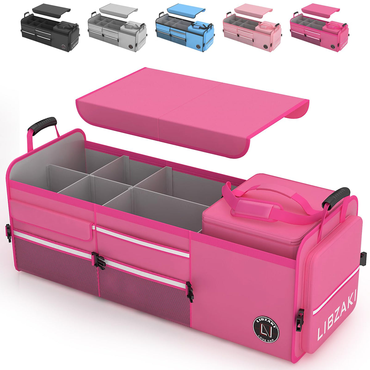LIBZAKI Oversize 4 in 1 Car Trunk Storage Organizer, Multi Compartment Collapsible Trunk Storage Box with Cooler Bag for Car Truck SUV-Rose red