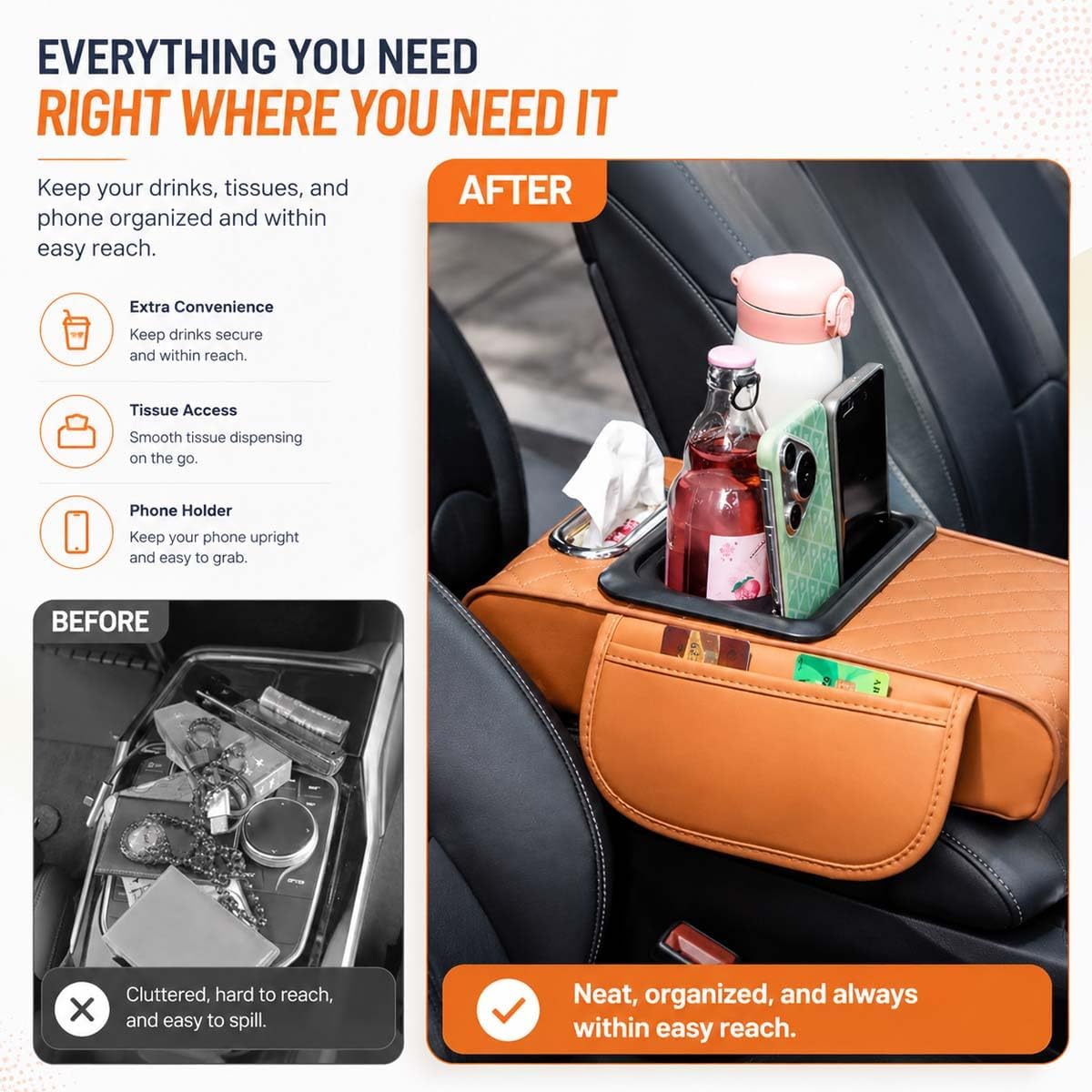 Multifunctional PU Leather Car Armrest Box Mat, 5-in-1 Center Console Cover with Cup Holder with 2 Storage Bags, Tissue Box Slot, Phone Slot for Universal Most Cars,Velcro Design (Gray)