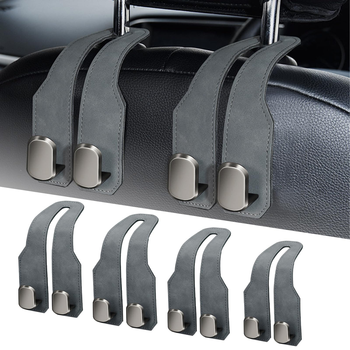 Car Purse Hook, Car Seat Headrest Hooks, Grey Leather 4 Pack