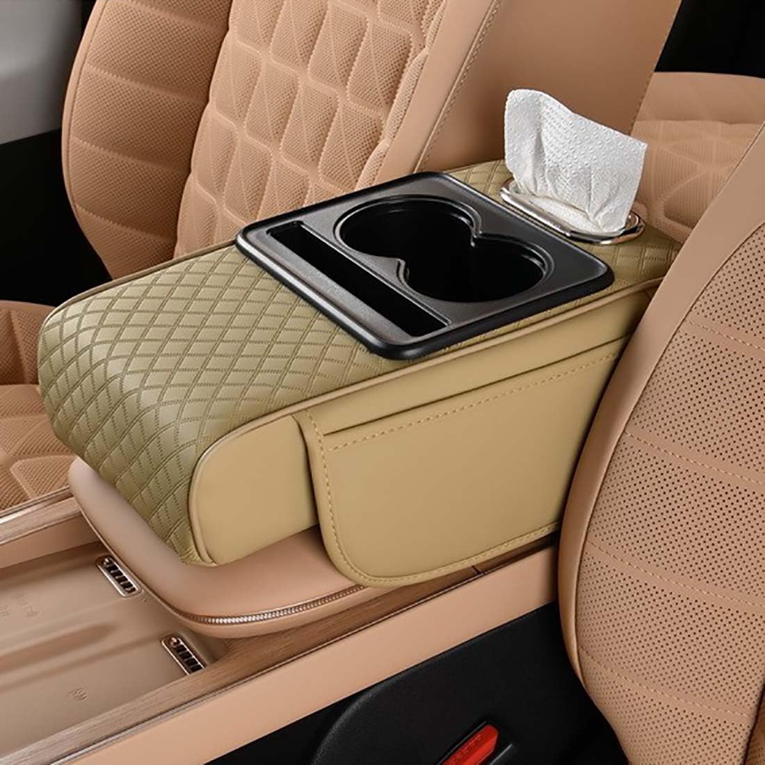 Car Armrest Cushion for SUV with Cup Holder 2.75" Height,5-in-1 Center Console Cover with 2 Storage Bags, Tissue Box Slot, Phone Slot for Sedans, Car Accessories Interior Organizers (Black)