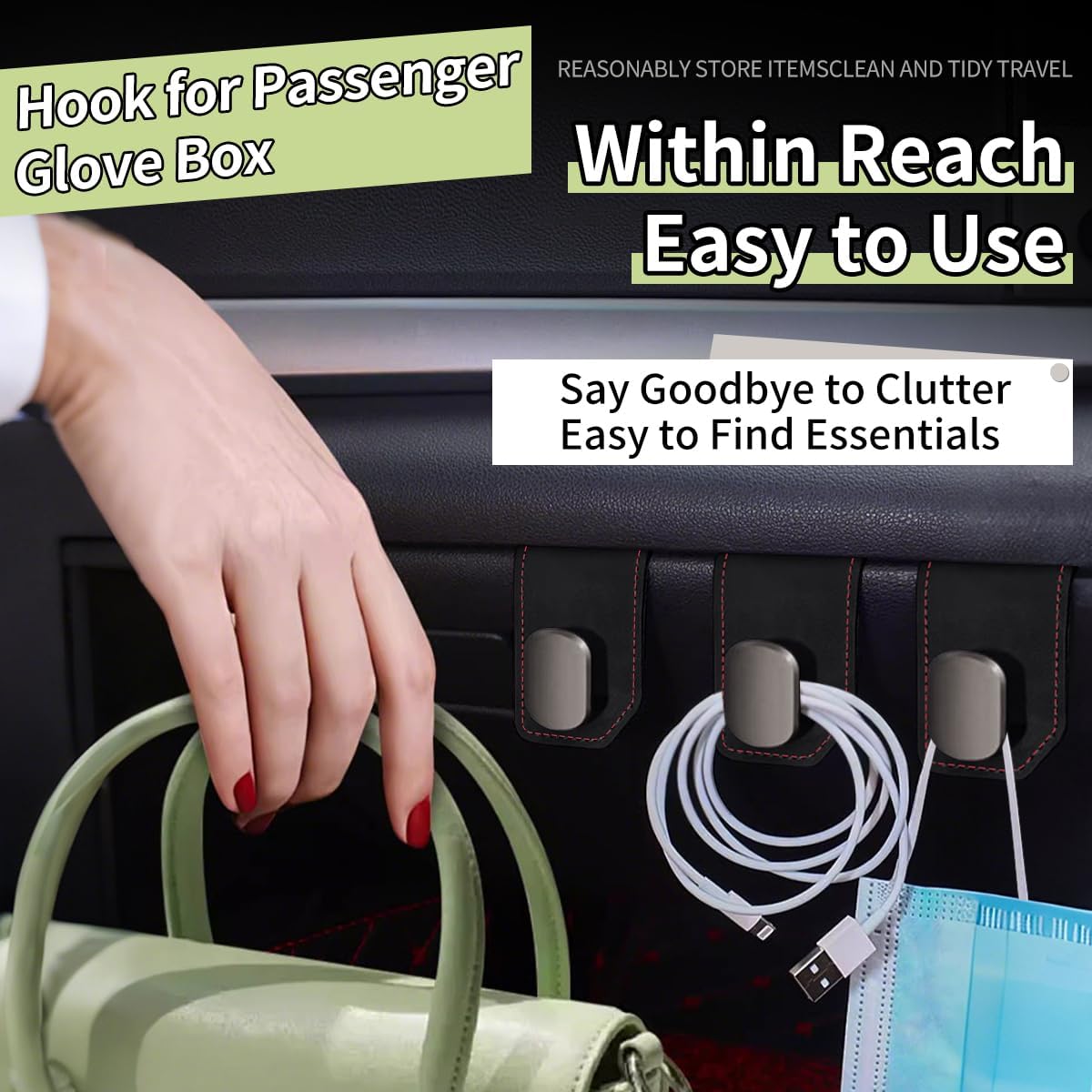 2PCS Car Co-Pilot Glove Box Organizer Hooks, Anti-Scratch Passenger Glovebox Storage Hangers, Universal Hanging Hook for Purses Bags Umbrellas (Black)