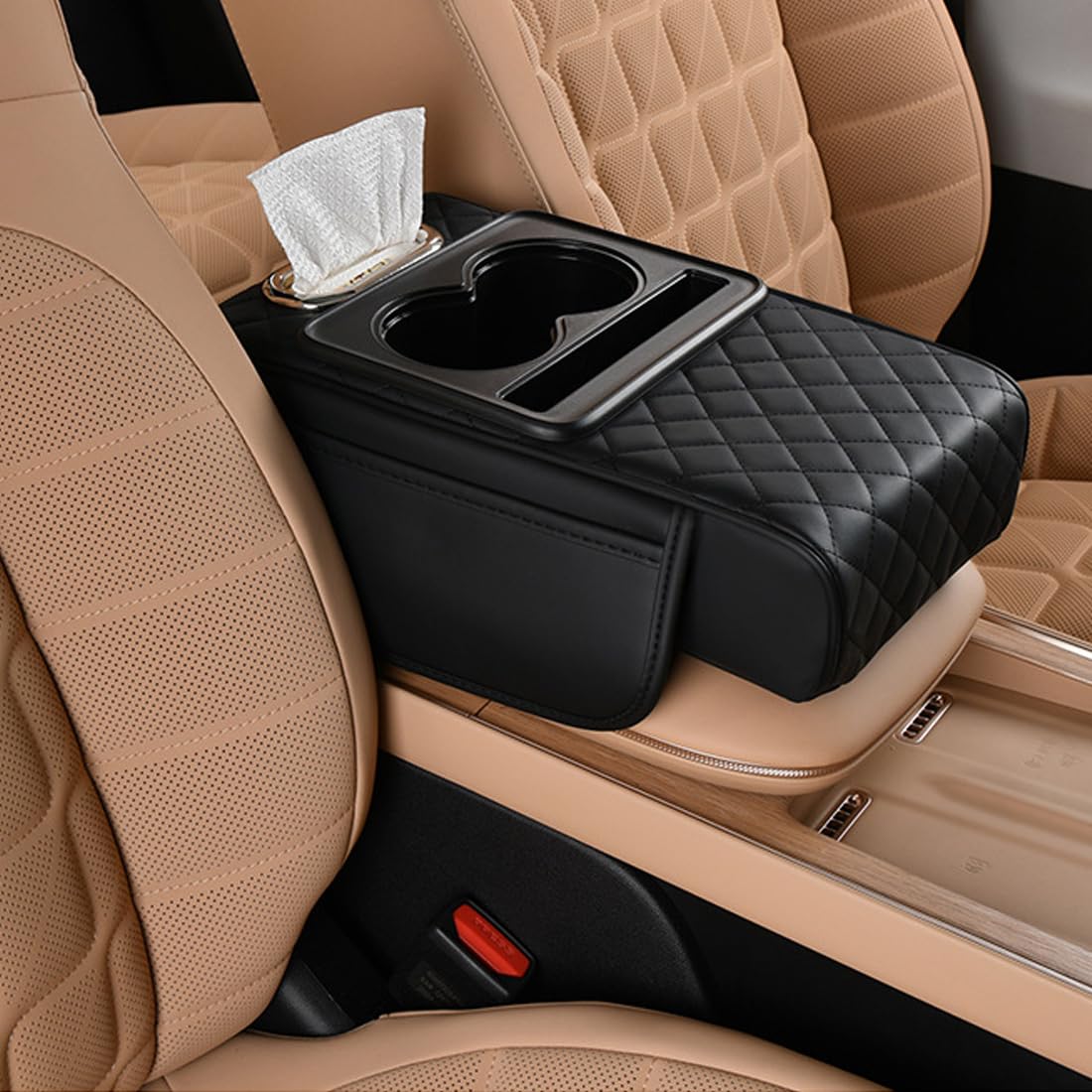 Car Armrest Cushion,5-in-1 Center Console Cover with 2 Storage Bags Cup Holder, Tissue Box Slot, Phone Slot for Sedans, Car Accessories Interior Organizers (Gey)