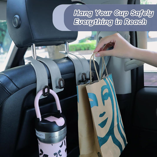 Car Headrest Hooks Universal Car Purse Hook Premium Leather and Alloy Twin Hook Car Seat Back Storage Hanger Hook for Purse Bags Cloth Drink Durable Holder Car Accessories (BH09-Grey-Black)