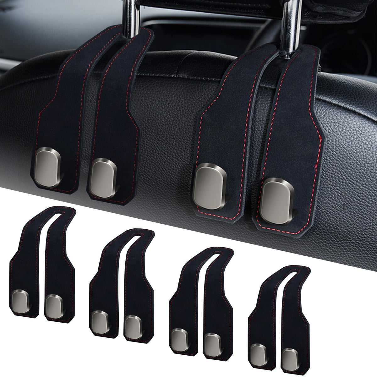 Car Purse Hook, Car Seat Headrest Hooks, Grey Leather 4 Pack