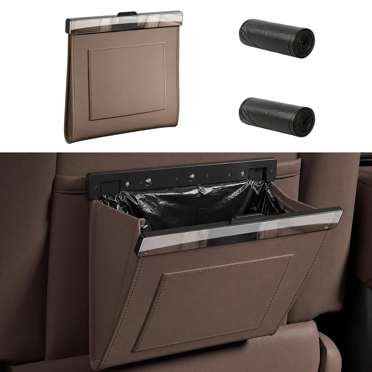 Premium Leather Car Trash Can, Slim Odor-Proof Hanging Garbage Bag with Magnetic Closure, Waterproof Auto Car Seat Organizer (Includes 2 Rolls of Bags) (Brown)
