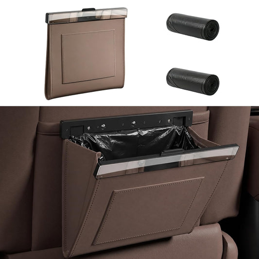 Premium Leather Car Trash Can, Slim Odor-Proof Hanging Garbage Bag with Magnetic Closure, Waterproof Auto Car Seat Organizer (Includes 2 Rolls of Bags) (Brown)