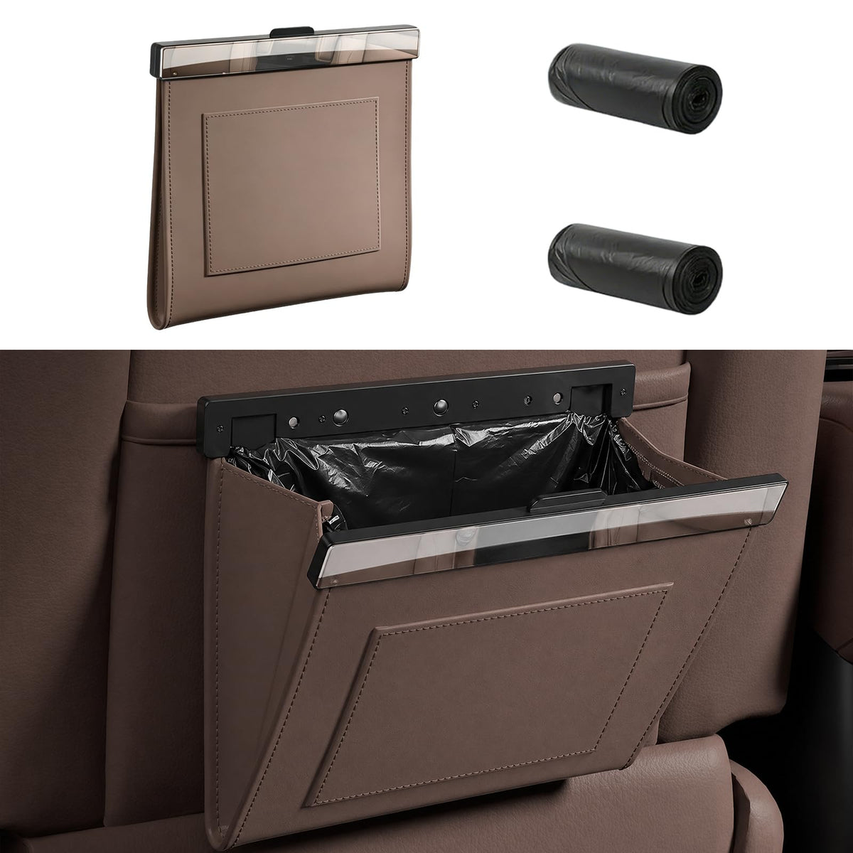 Premium Leather Car Trash Can, Slim Odor-Proof Hanging Garbage Bag with Magnetic Closure, Waterproof Auto Car Seat Organizer (Includes 2 Rolls of Bags) (Brown)
