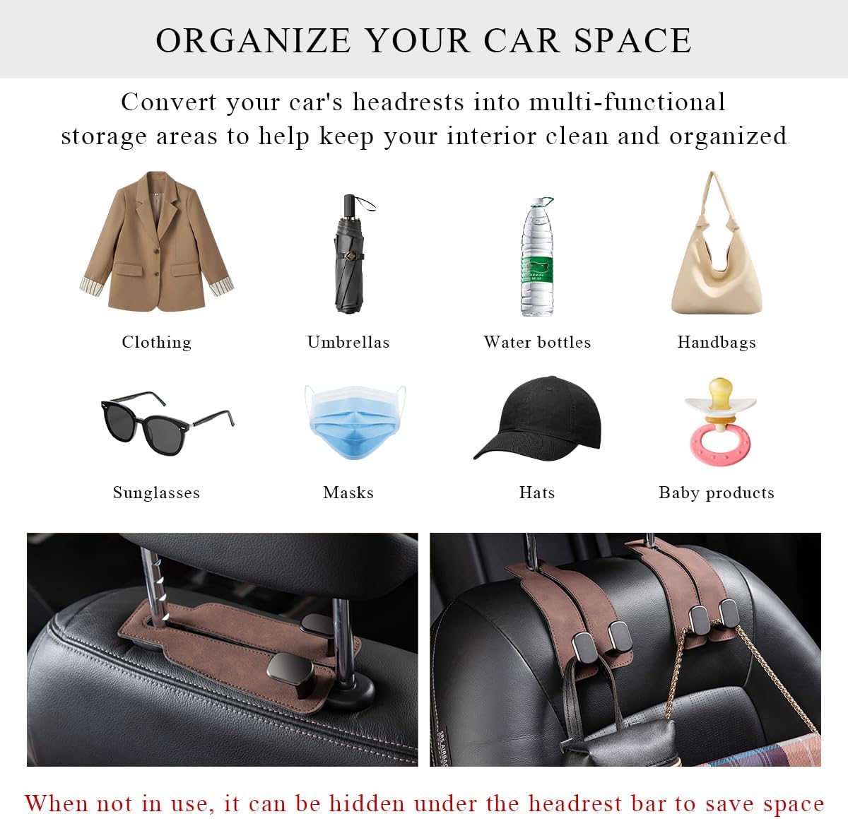 2 PCS Car Seat Headrest Hook, Back Seat Hanger with Double Flexible Leather Hooks, Soft Leather Double Headrest Metal Hooks Purse Handbag Organizer, Car Accessories (Brown)