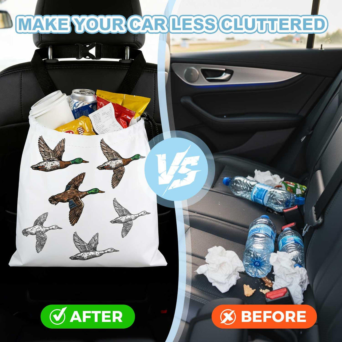 Wild Ducks Car Trash Bag - Waterproof Car Trash Bag Hanging Leakproof Car Garbage Bag - Washable Reusable Trash Bag for Car Interior Hanging Organizer Storage Vehicle Travelling Camping