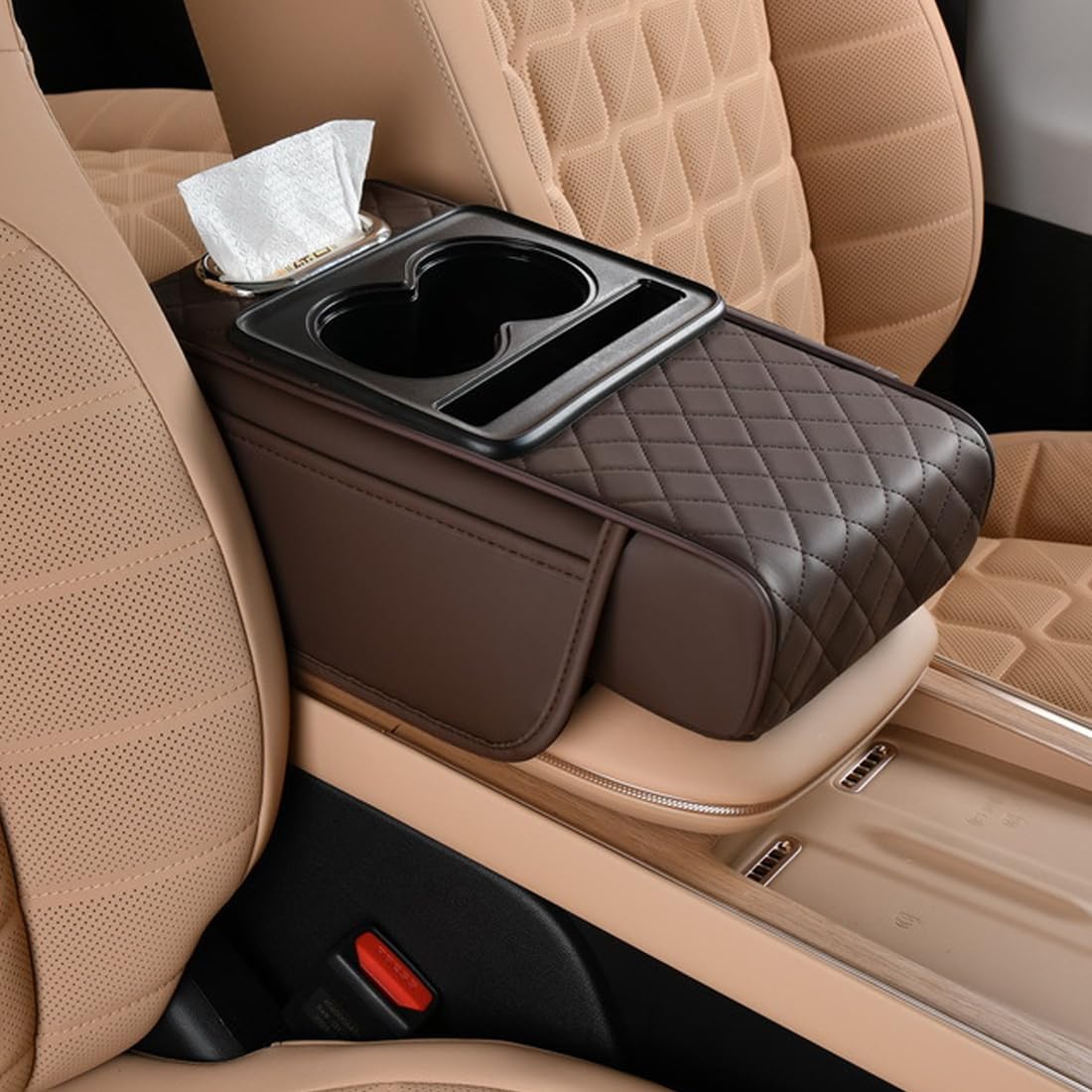 Car Armrest Cushion,5-in-1 Center Console Cover with 2 Storage Bags Cup Holder, Tissue Box Slot, Phone Slot for Sedans, Car Accessories Interior Organizers (Gey)