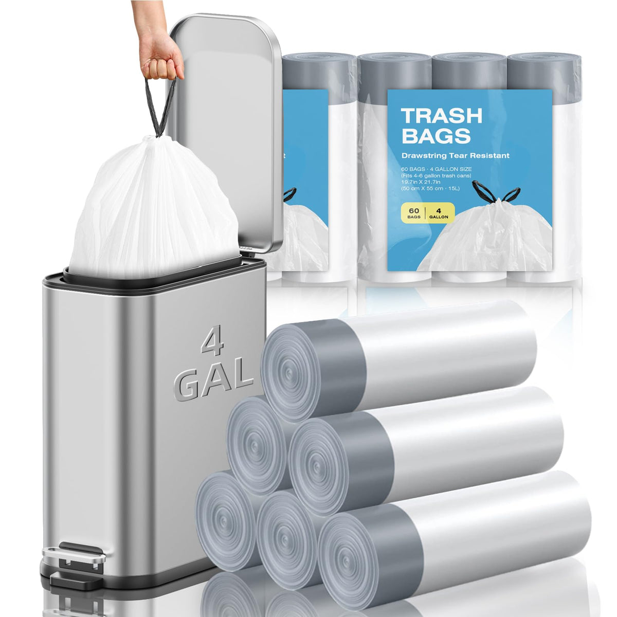 120 Counts 1.6 Gallon Mini Drawstring Trash Bags, Small Garbage Bags by KSSKSS, Code a fit 4.5-8 Liter, 1.2-2 Gal, White Trash Bin Liners for Home Office Kitchen Bathroom Bedroom
