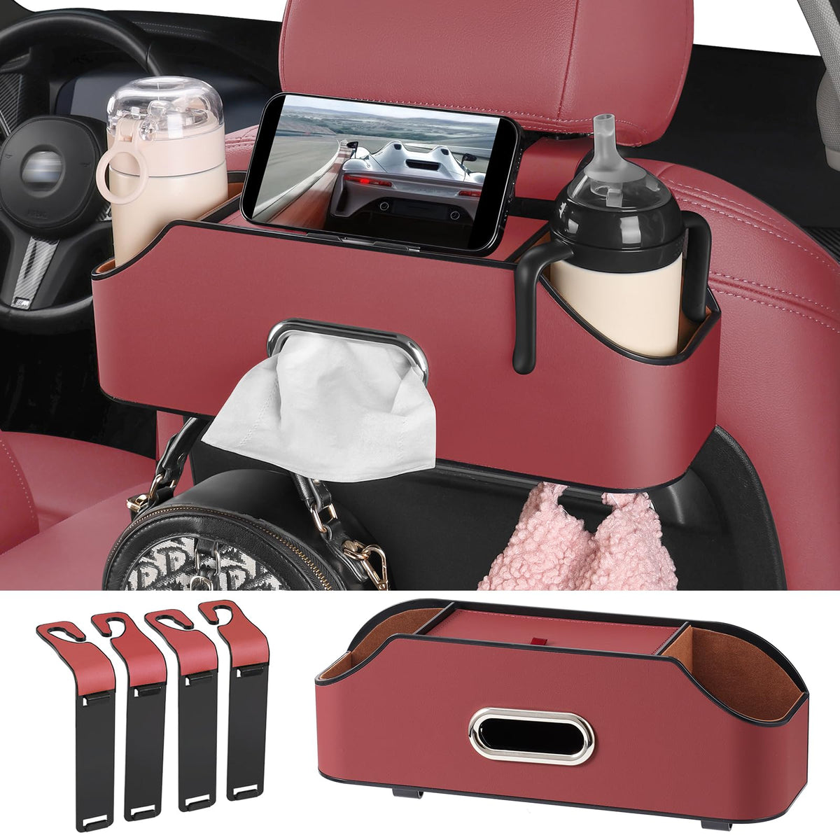 Car Seat Back Cup Holder, 4-in-1 Multifunctional Backseat Organizer with Tissue Box Storage & Hooks (Gray)