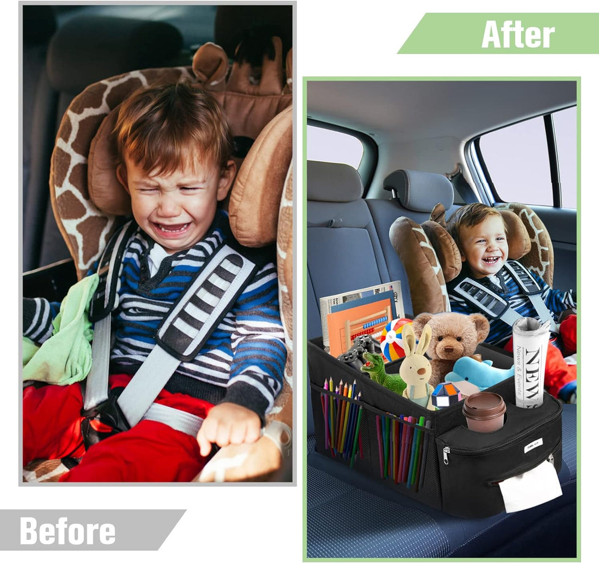FUNNy elf Passenger Seat Organizer with Partitions & 4 Cup Holders