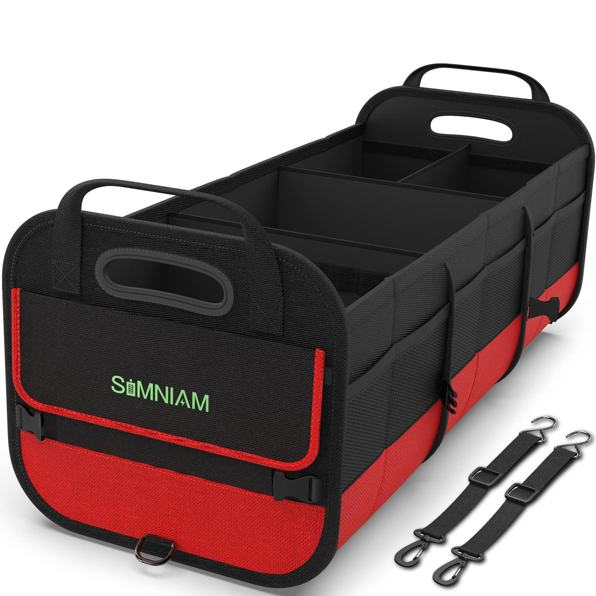 Simniam Car Trunk Organizer with Insulated Grocery Bag- 110L High Capacity Car Storage Box, with 4 Compartments, Reflective Strip, Cover, for Auto, SUV, Truck, Minivan