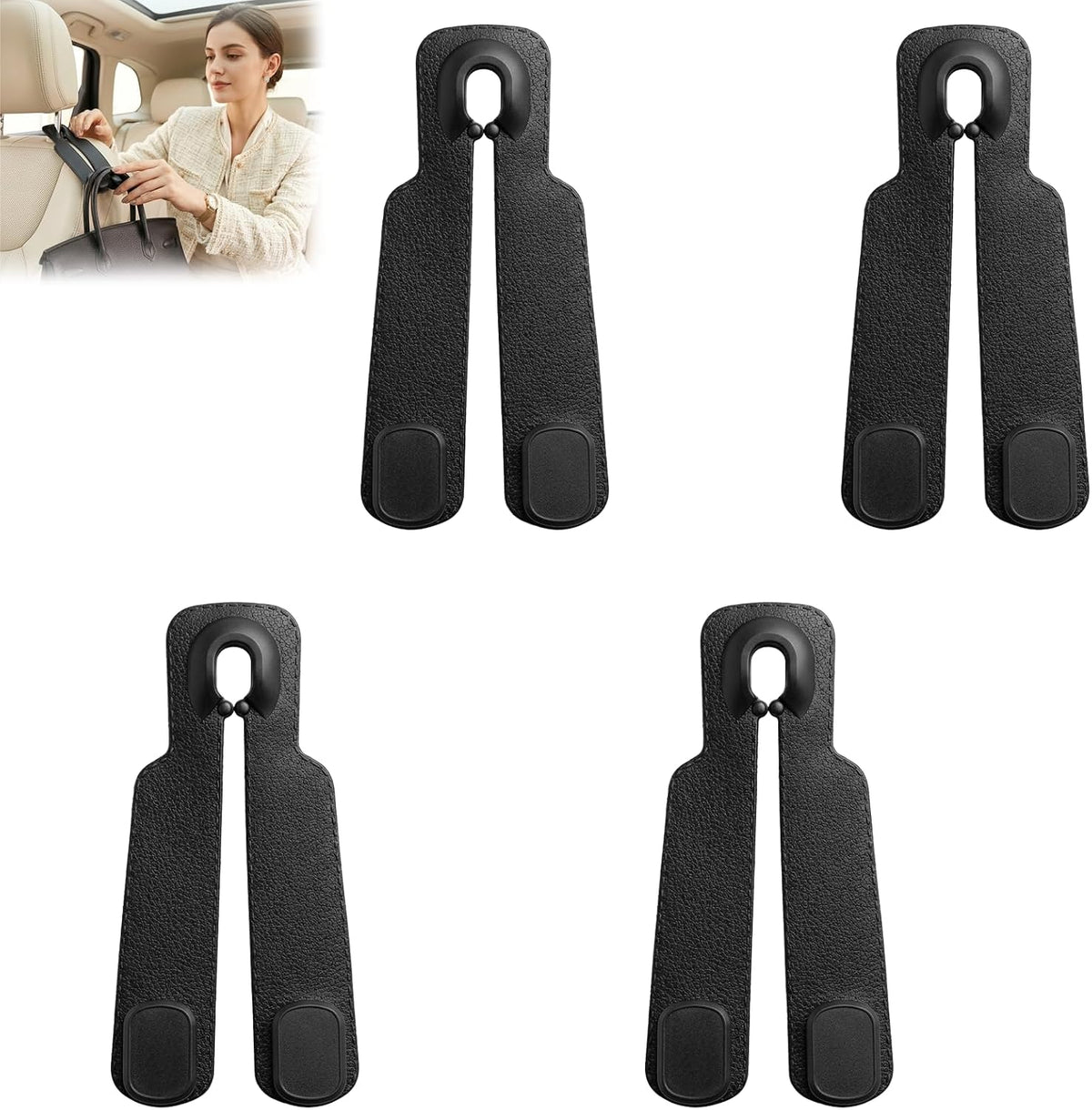4-Pack Car Seat Back Double Hook, Double Hooks for Car Seat Back Organizer, 360° Rotatable Purse Holder, Heavy Duty Seat Hooks for Bags, Groceries, Handbags (Black)