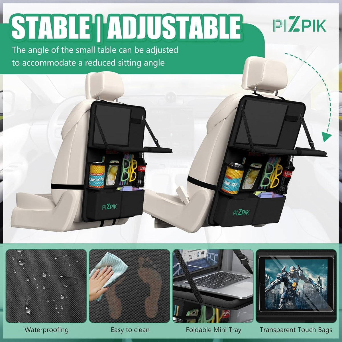 Plzpik Car Backseat Organizer with Tray(2Pack),13 Storage Pockets with Foldable Food Tray, Protector Kick Mats for Kids, Travel Accessories Organizer (Black)