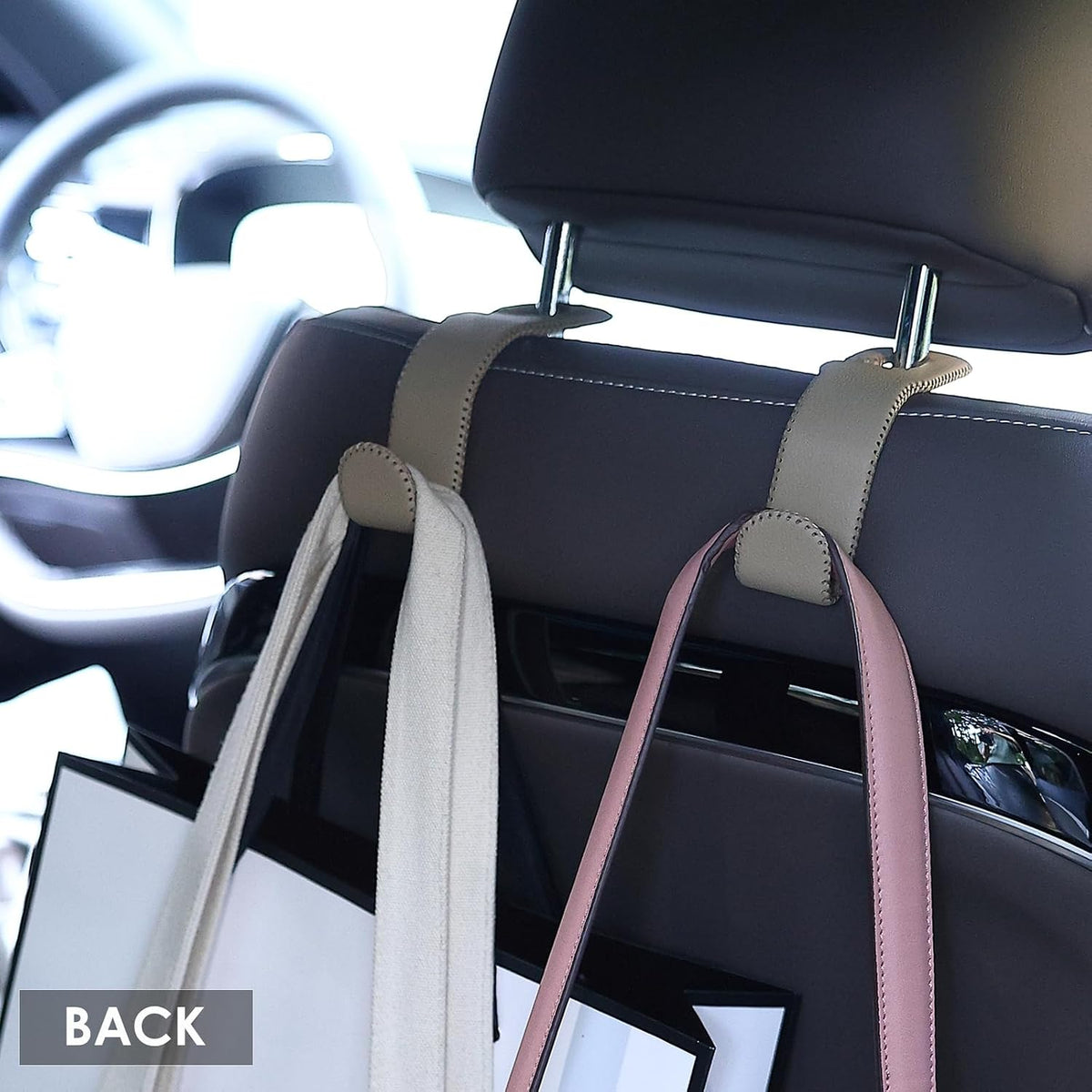 AMVOYOA Leather Car Hooks for Headrest - Fully Leather-Wrapped U-Shaped Purse Holder for Car, Flexible Seat Back Organizer & Durable Car Accessories for Purses, Bags, Coats & More (Beige, 2 Pack)