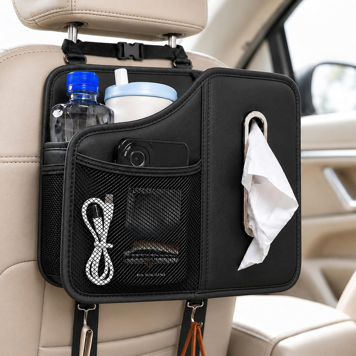 Leather Car Tissue Holder, Back Seat Car Organizer with Cup Holder & Hooks