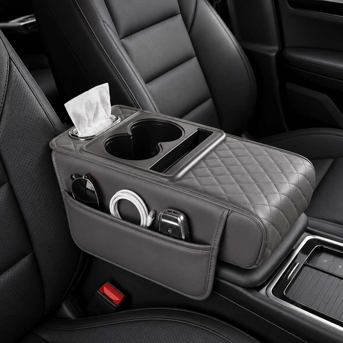 Multifunctional PU Leather Car Armrest Box Mat, 5-in-1 Center Console Cover with Cup Holder with 2 Storage Bags, Tissue Box Slot, Phone Slot for Universal Most Cars,Velcro Design (Gray)