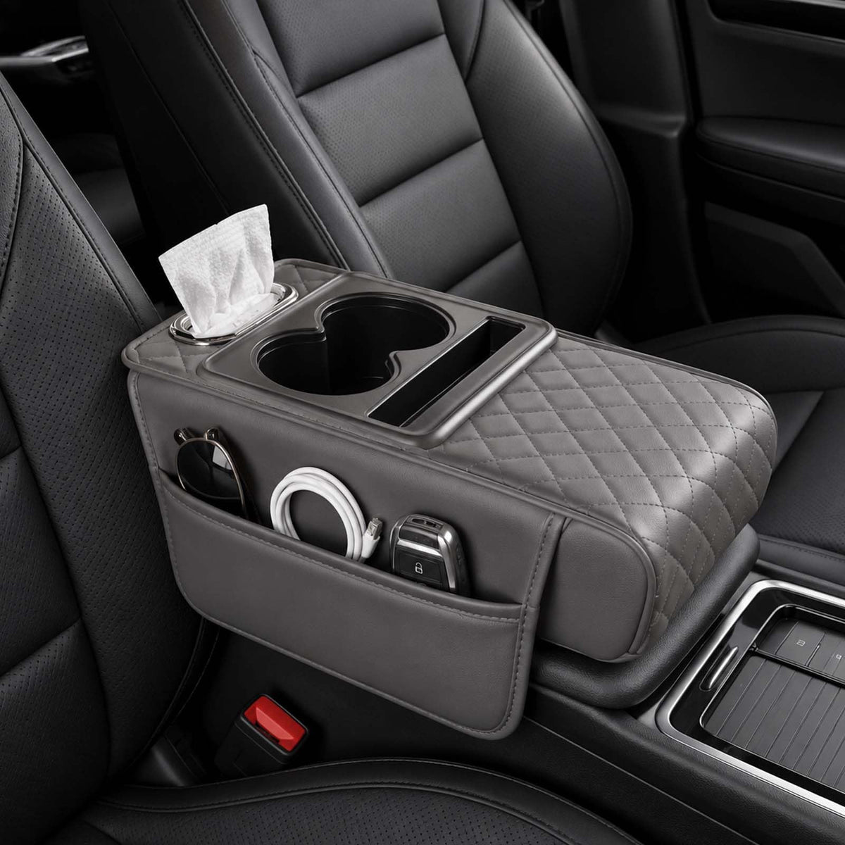 Multifunctional PU Leather Car Armrest Box Mat, 5-in-1 Center Console Cover with Cup Holder with 2 Storage Bags, Tissue Box Slot, Phone Slot for Universal Most Cars,Velcro Design (Gray)