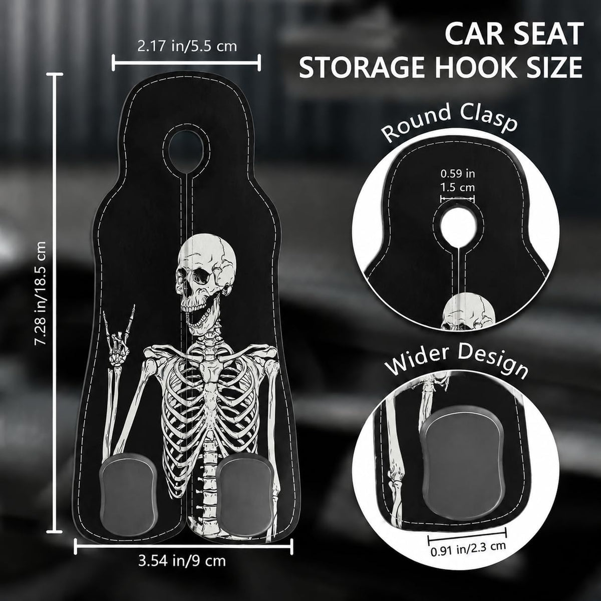 Cute Skull Skeleton Car Seat Back Storage Headrest Hooks for Purses & Bags – 2PCS PU Leather Dual Metal Hooks, Backseat Organizer Accessories