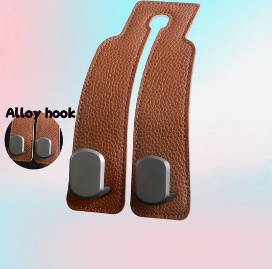 Coozyland Car Hooks, Coozy Land Metal Multi-Function Leather Car Headrest Hooks, Universal Double Hook Car Seat Back Storage Hooks for Wallets, Handbags, Bottles, Trash Bags, etc(Brown 4-Pack)
