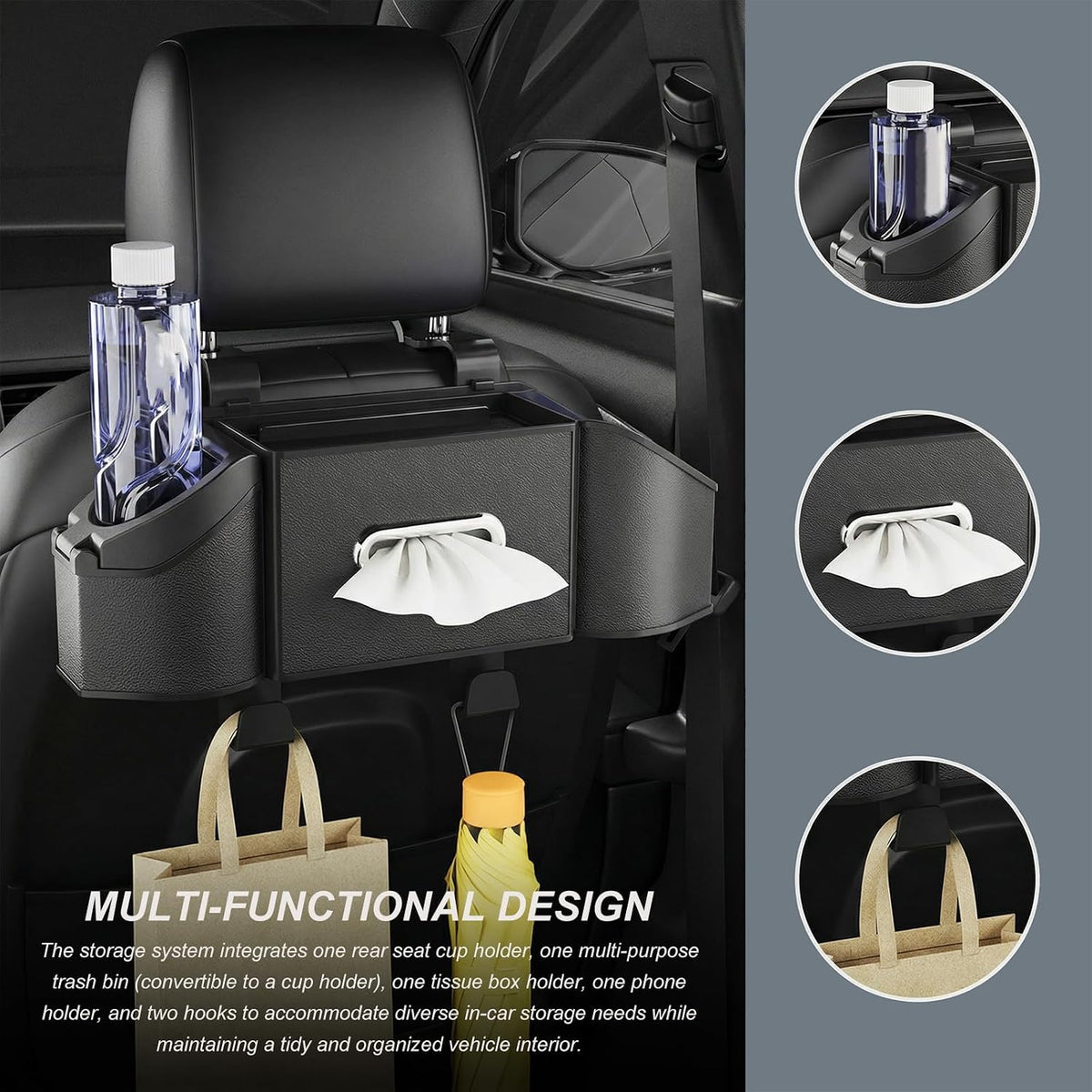 Car Backseat Organizer, 7-in-1 Auto Seat Back Drink Cup Holder Organizer with Tissue Box & Hooks, Multifunctional Vehicle Headrest Storage Box for Hold Phone Snacks Drinks (Black)
