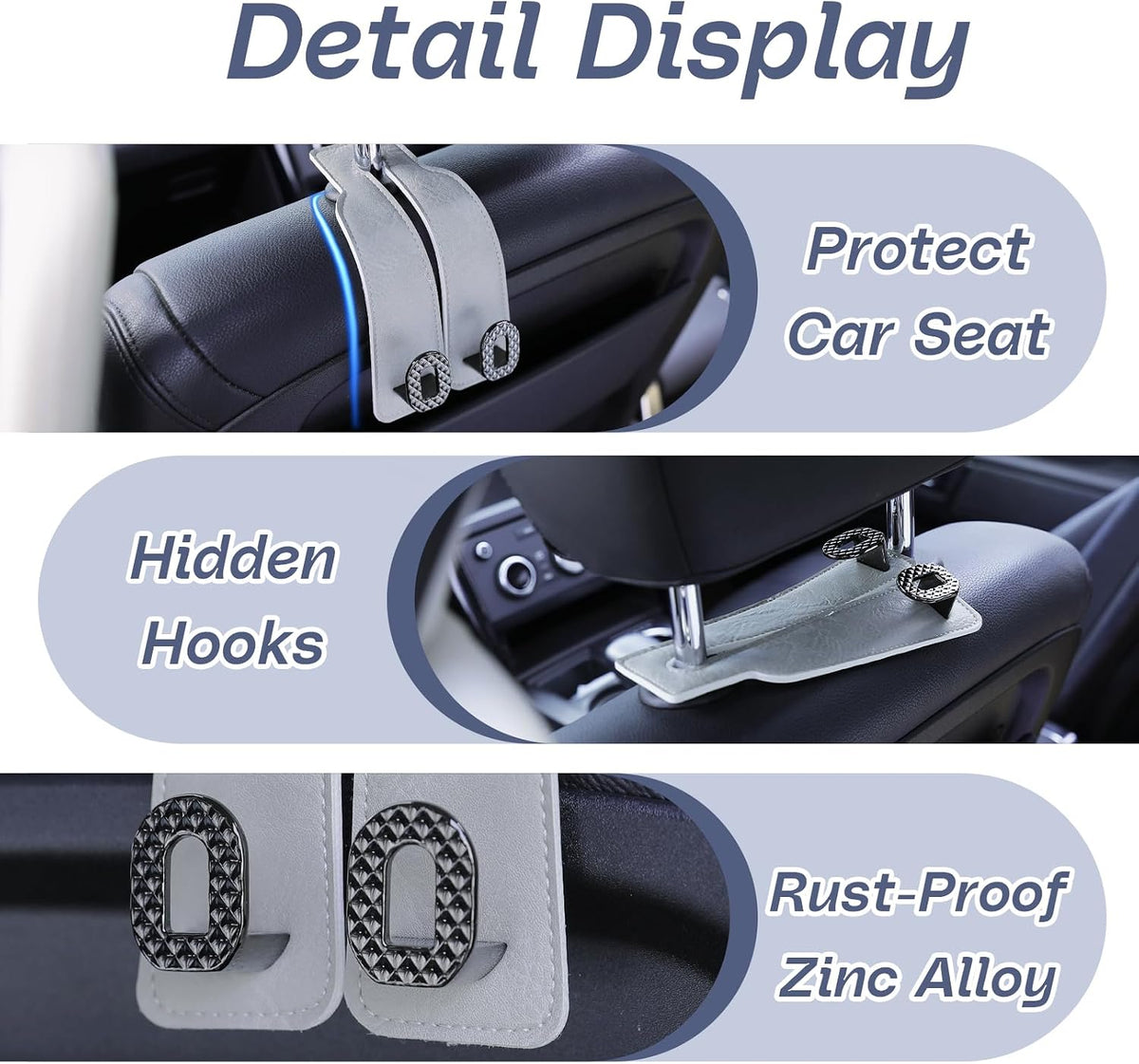 Car Headrest Hooks Universal Car Purse Hook Premium Leather and Alloy Twin Hook Car Seat Back Storage Hanger Hook for Purse Bags Cloth Drink Durable Holder Car Accessories (BH09-Grey-Black)