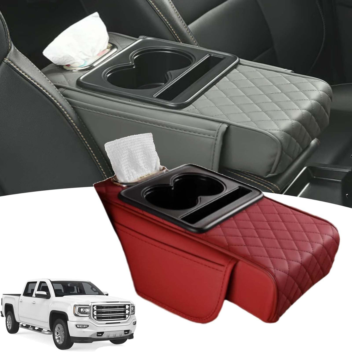 Multifunctional PU Leather Car Armrest Box Mat, 5-in-1 Center Console Cover with Cup Holder with 2 Storage Bags, Tissue Box Slot, Phone Slot for Universal Most Cars,Velcro Design (Gray)