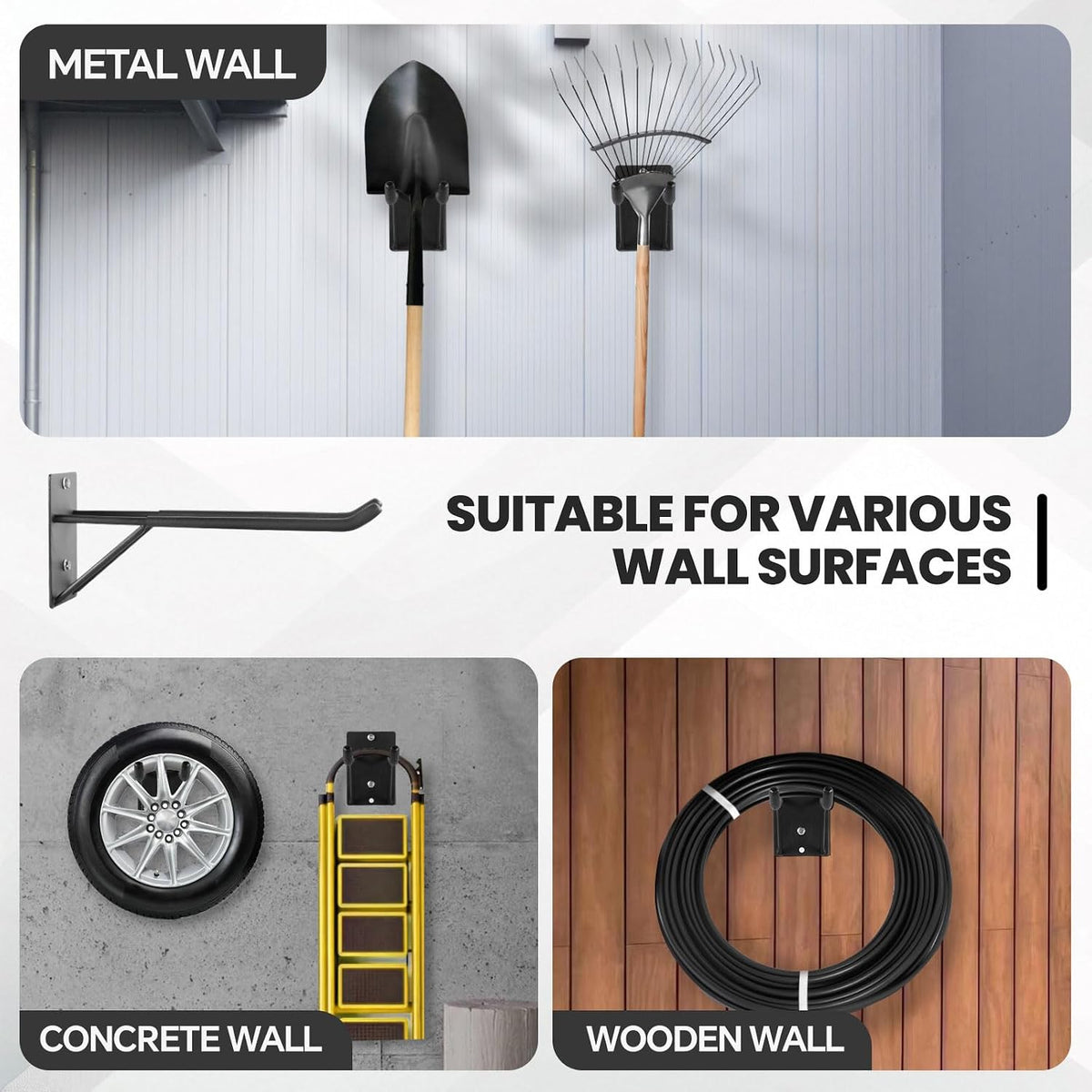 14" Large Heavy Duty Garage Hooks, Steel Garage Storage Hooks with Support Rods, Utility Wall Mount Hangers for Power Tools, Car Tires, Ladders, Chairs, Garden Tools and More (2-Pack 14" Heavy Hooks)