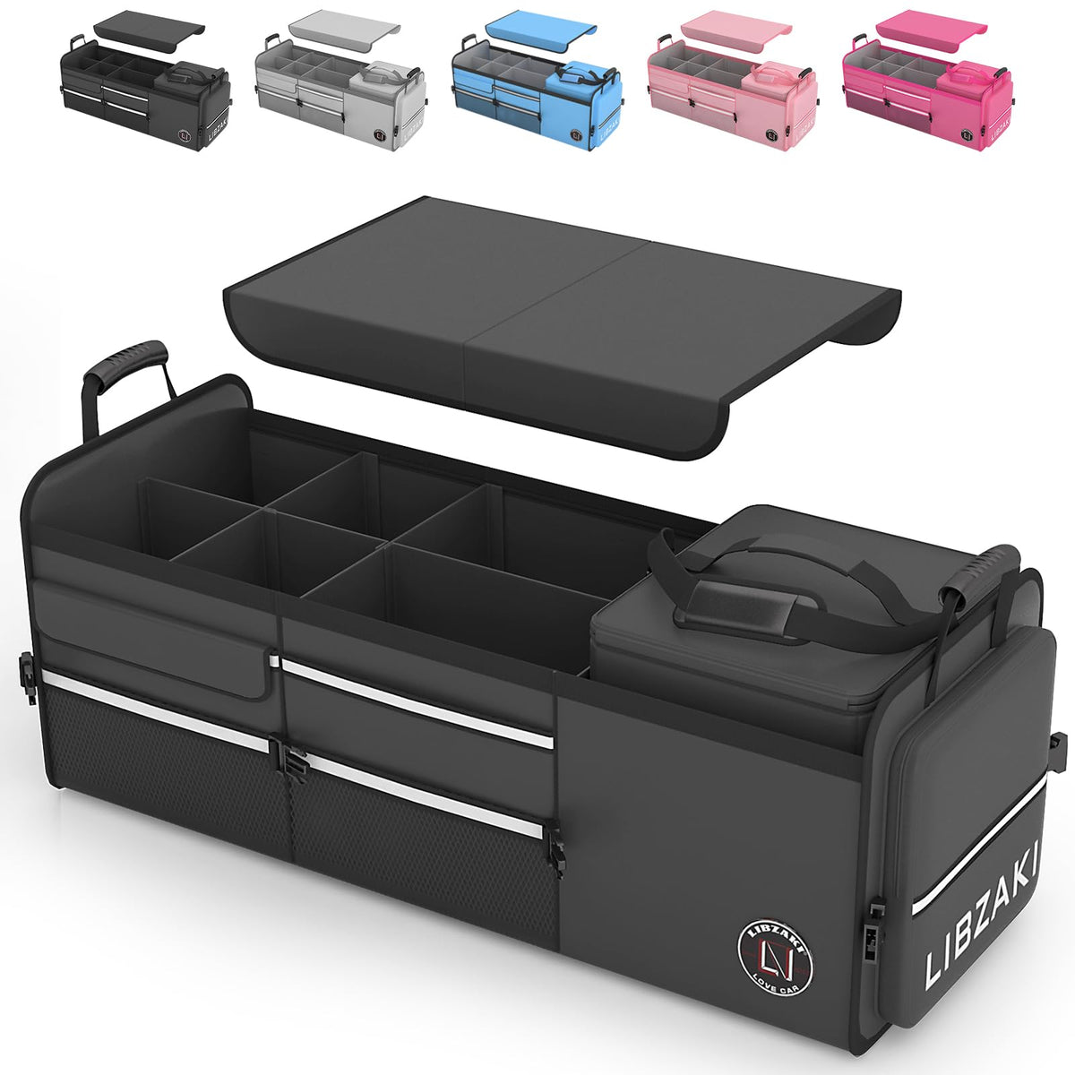 LIBZAKI Oversize 4 in 1 Car Trunk Storage Organizer, Multi Compartment Collapsible Trunk Storage Box with Cooler Bag for Car Truck SUV-Rose red