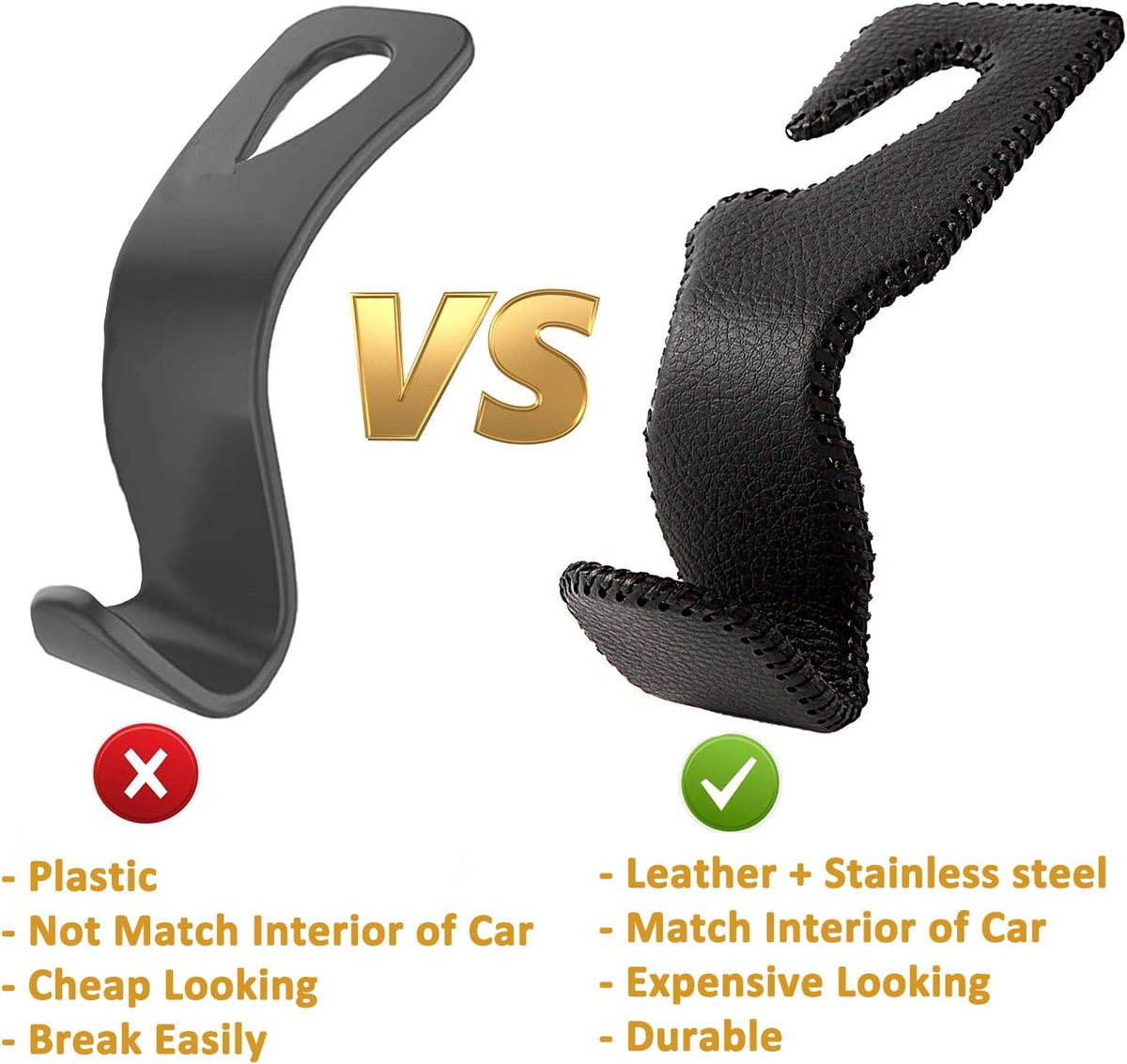 AMVOYOA Headrest Hooks for Car, Back Seat Organizer Gray Leather Hanger Holder Hook, for Hanging Purses and Bags and Coats, Pack of 2