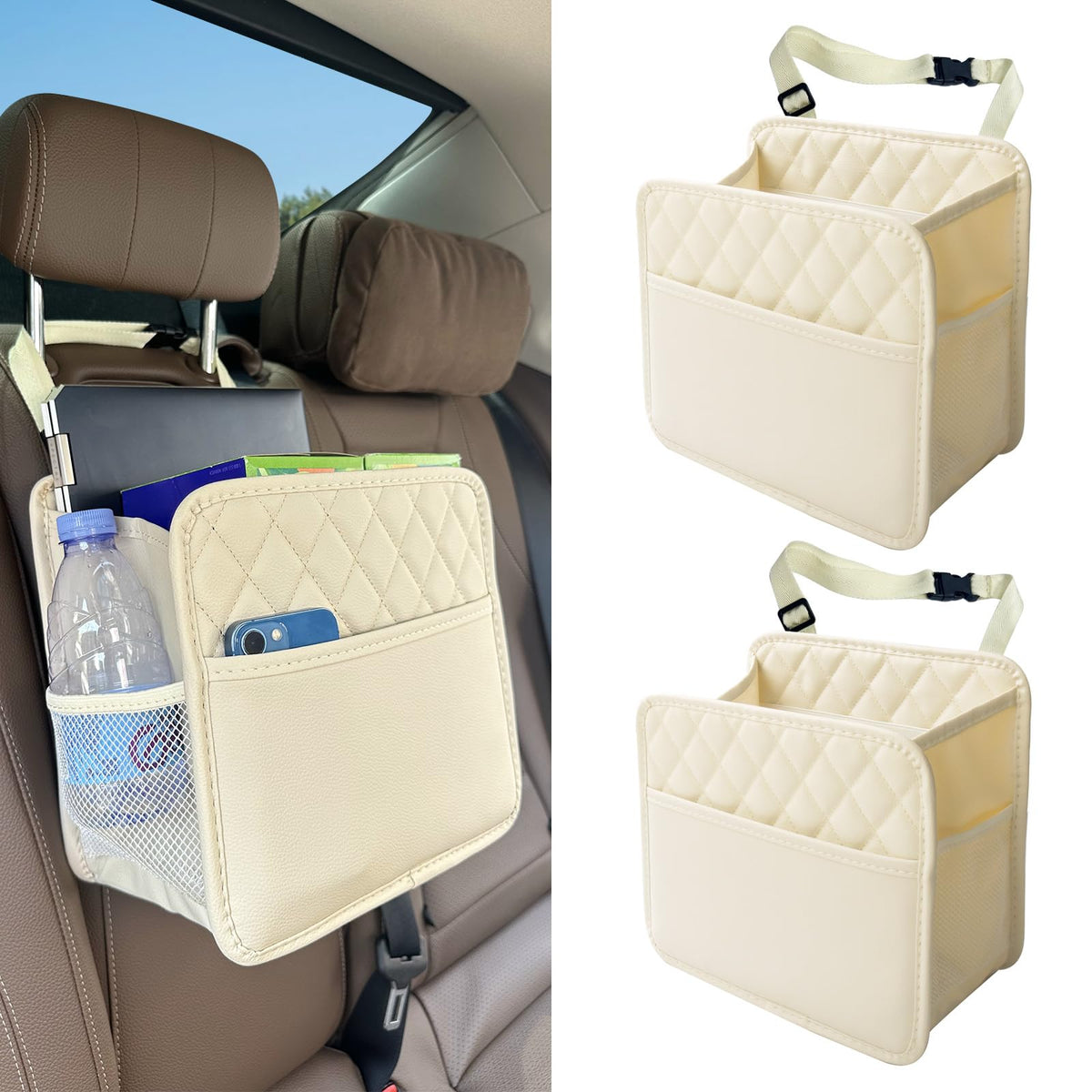 Witaxima Upgrade Car Seat Organizer Backseat with Storage Pockets, Multipurpose Car Organizer Hanging, Car Trash Bag Can,Premium PU Leather Garbage Can 2.14 Gallon Large Capacity Accessories Beige