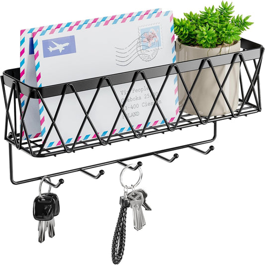 Key Holder Wall Mount Adhesive- Key and Mail Holder for Wall with 5 Hooks, Wall Mounted Mail Organizer and Key Rack, Modern Basket Key Hanger for Entryway, Home, Living Room Wall Decor, Black