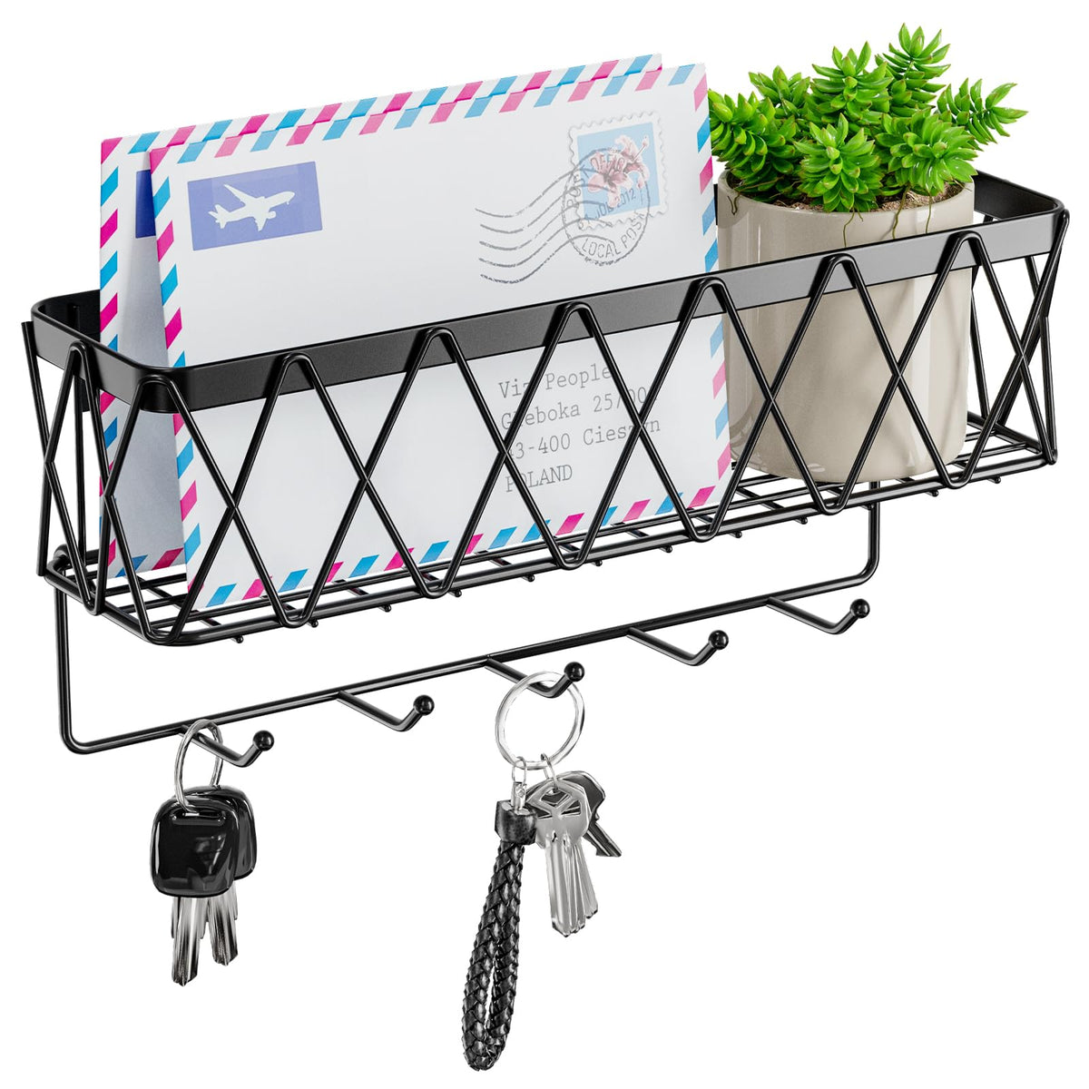 Key Holder Wall Mount Adhesive- Key and Mail Holder for Wall with 5 Hooks, Wall Mounted Mail Organizer and Key Rack, Modern Basket Key Hanger for Entryway, Home, Living Room Wall Decor, Black
