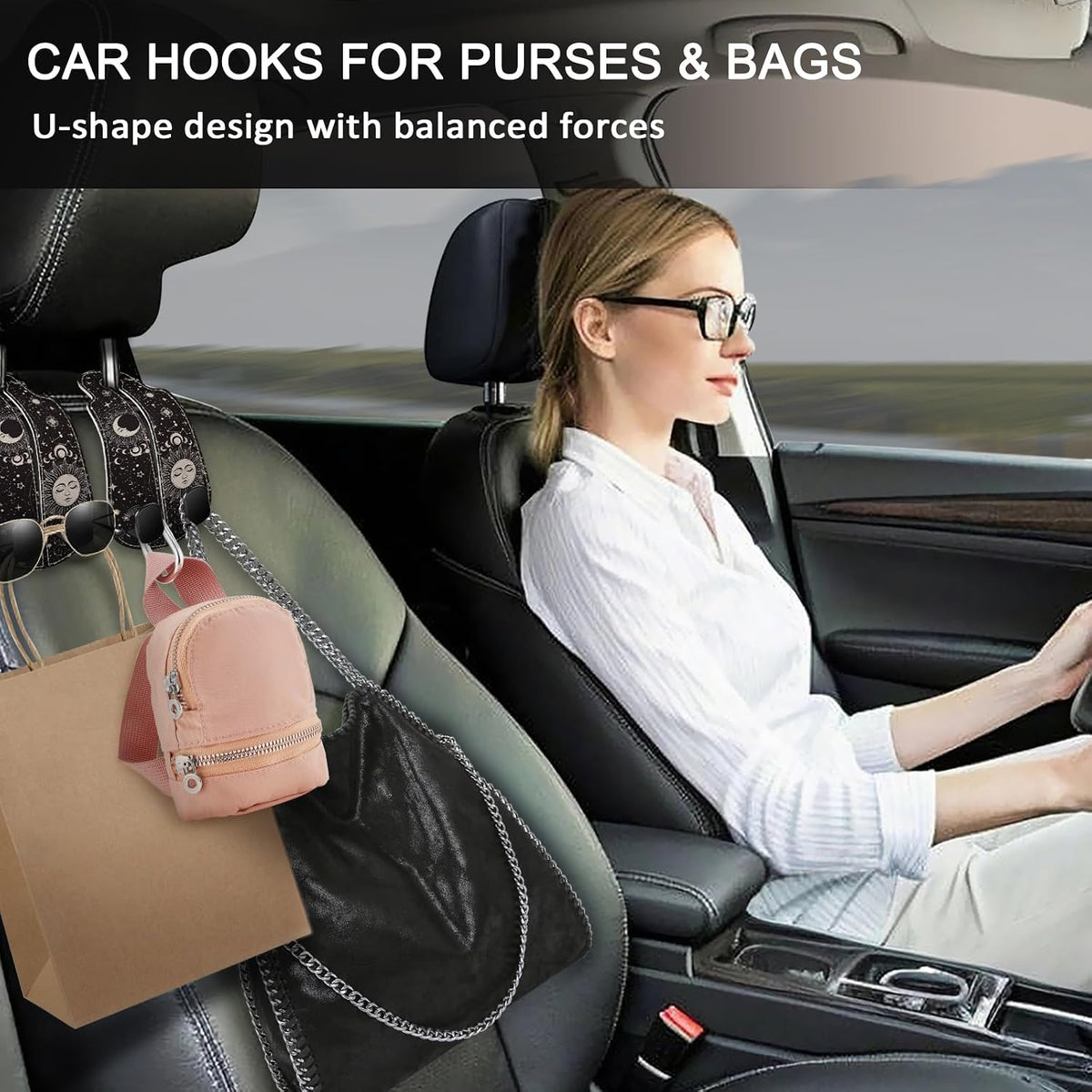 Blusabaca 2PCS Car Seat Headrest Hooks, Purses Bags Holder, Sun and Moon