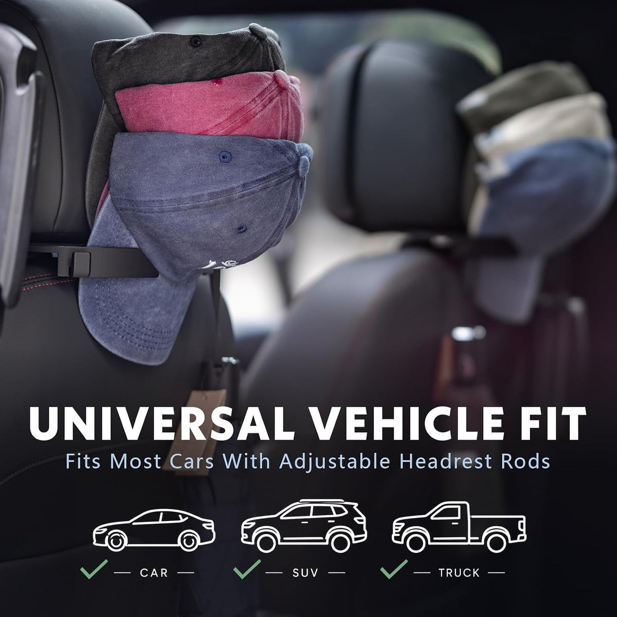 Headrest Hat Holder for Cars & Trucks, Holds 5 Caps