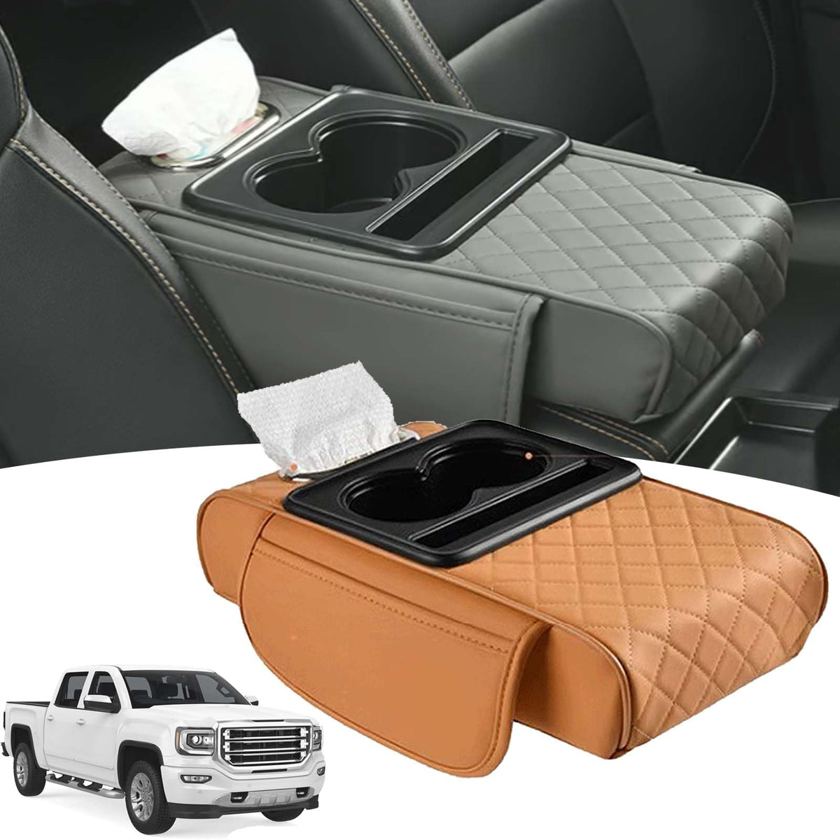 Multifunctional PU Leather Car Armrest Box Mat, 5-in-1 Center Console Cover with Cup Holder with 2 Storage Bags, Tissue Box Slot, Phone Slot for Universal Most Cars,Velcro Design (Gray)