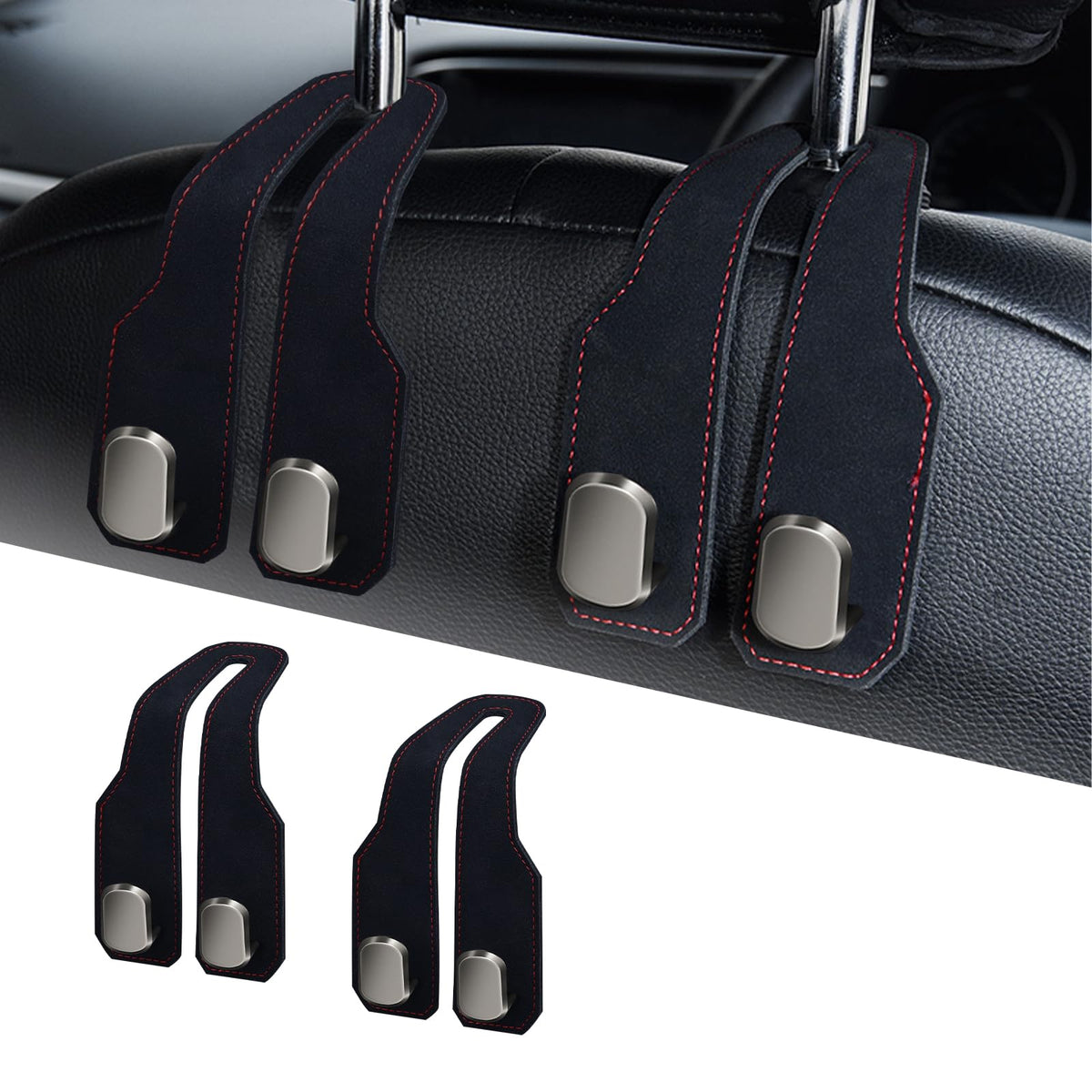 Car Purse Hook, Car Seat Headrest Hooks, Grey Leather 4 Pack
