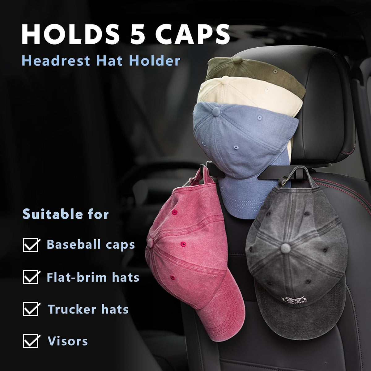 Headrest Hat Holder for Cars & Trucks, Holds 5 Caps