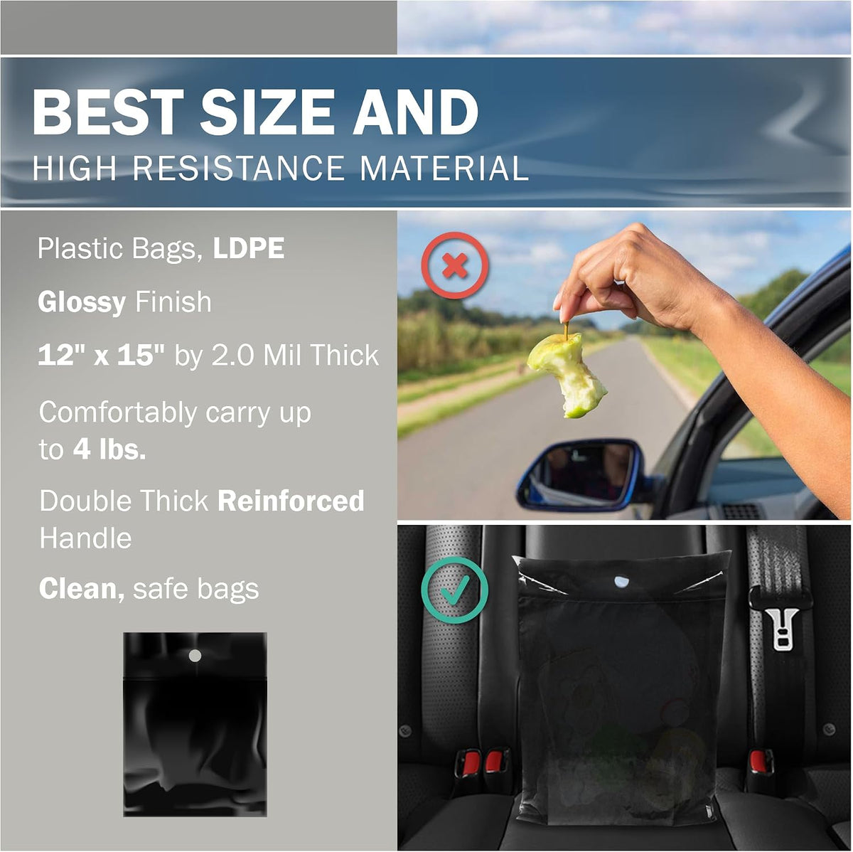 12x15 Black Car Trash Bags, Leak-Proof, Headrest Handle, 2 Mil, 50 Pack