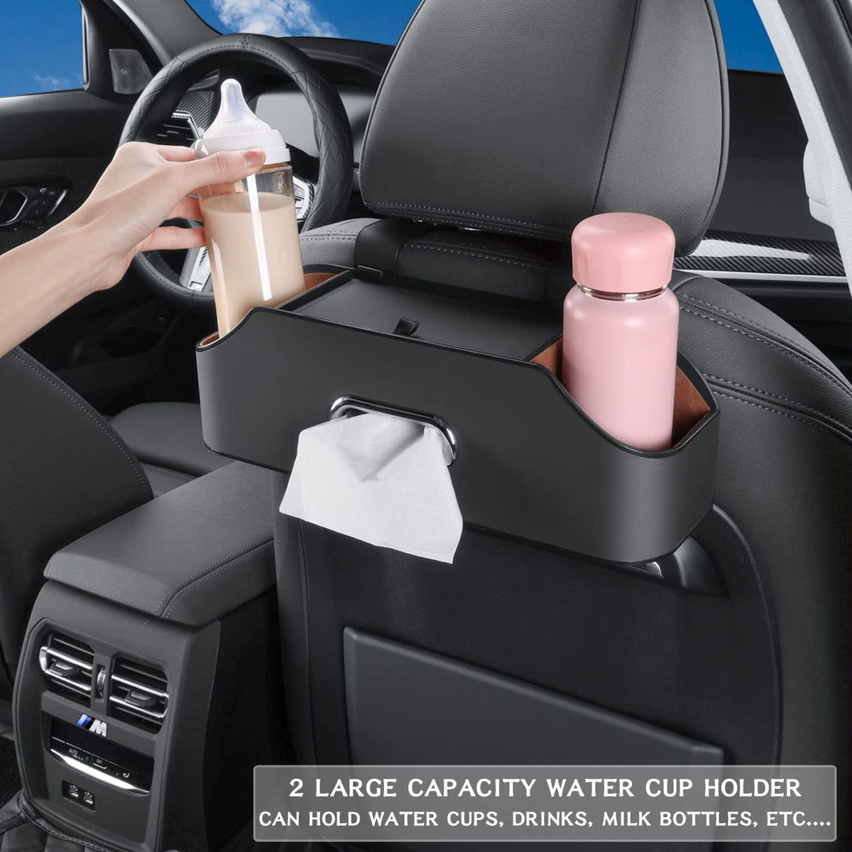 HOLDCY Car Back Seat Organizer with 2 Cup Holders, Tissue Storage, Black