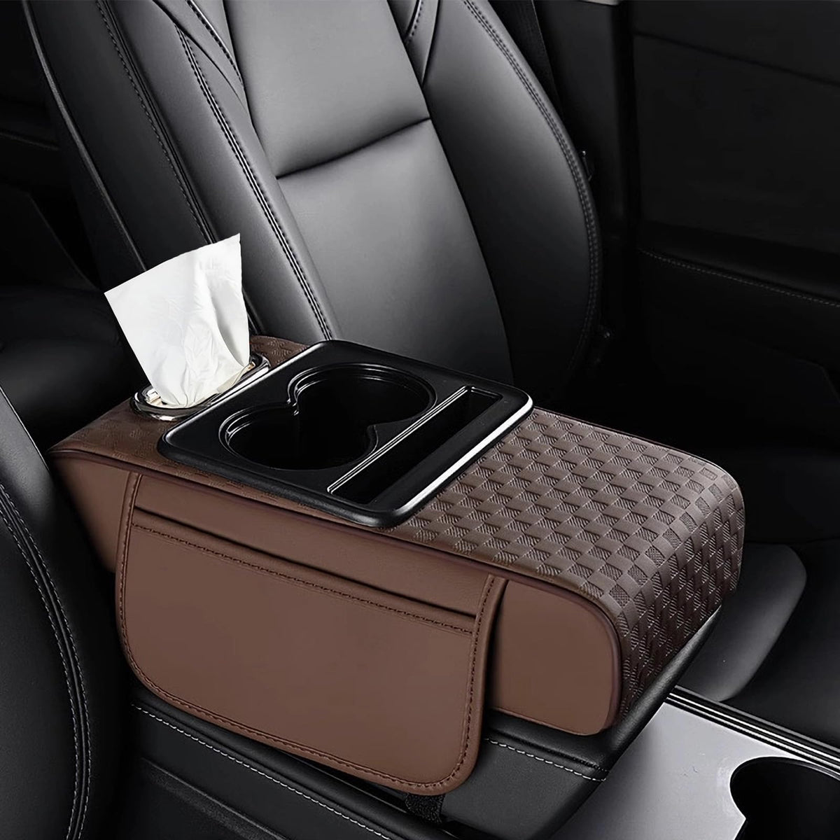Center Console Cover,Car Armrest Cushion Multifunctional with 2 Storage Bags Cup Holder,Phone Slot,Tissue Box Slot for Most Cars Accessories Interior Organizers-Black+Red 13.8x7.9 in