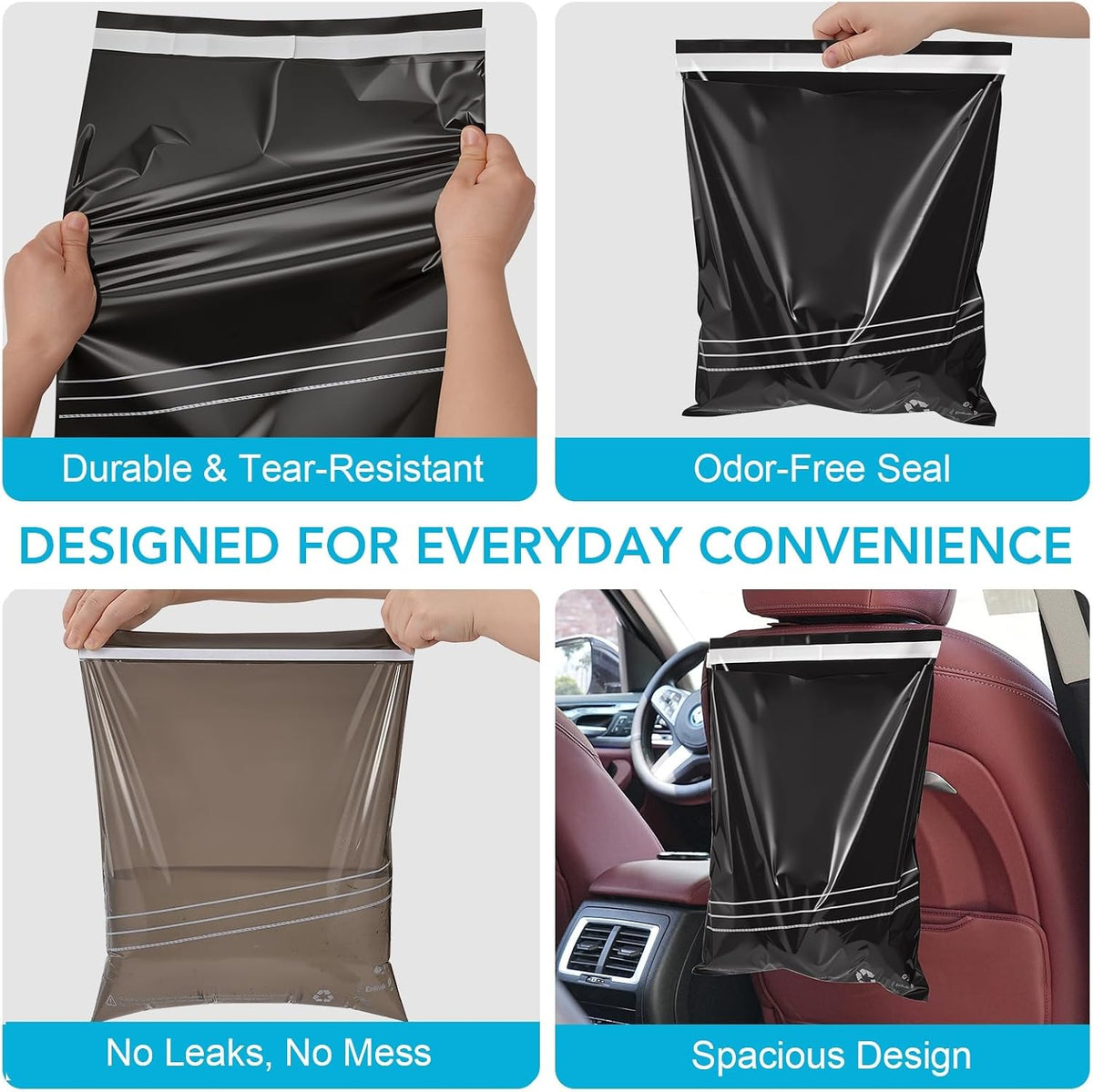 Disposable Car Trash Bag - Large Capacity - Car Garbage Bag Hanging from Headrest - Easy to Stick-On, Leakproof, Smellproof Car Trash Can - Ideal for Travel, Camping, and Home Use (All Black, 50)
