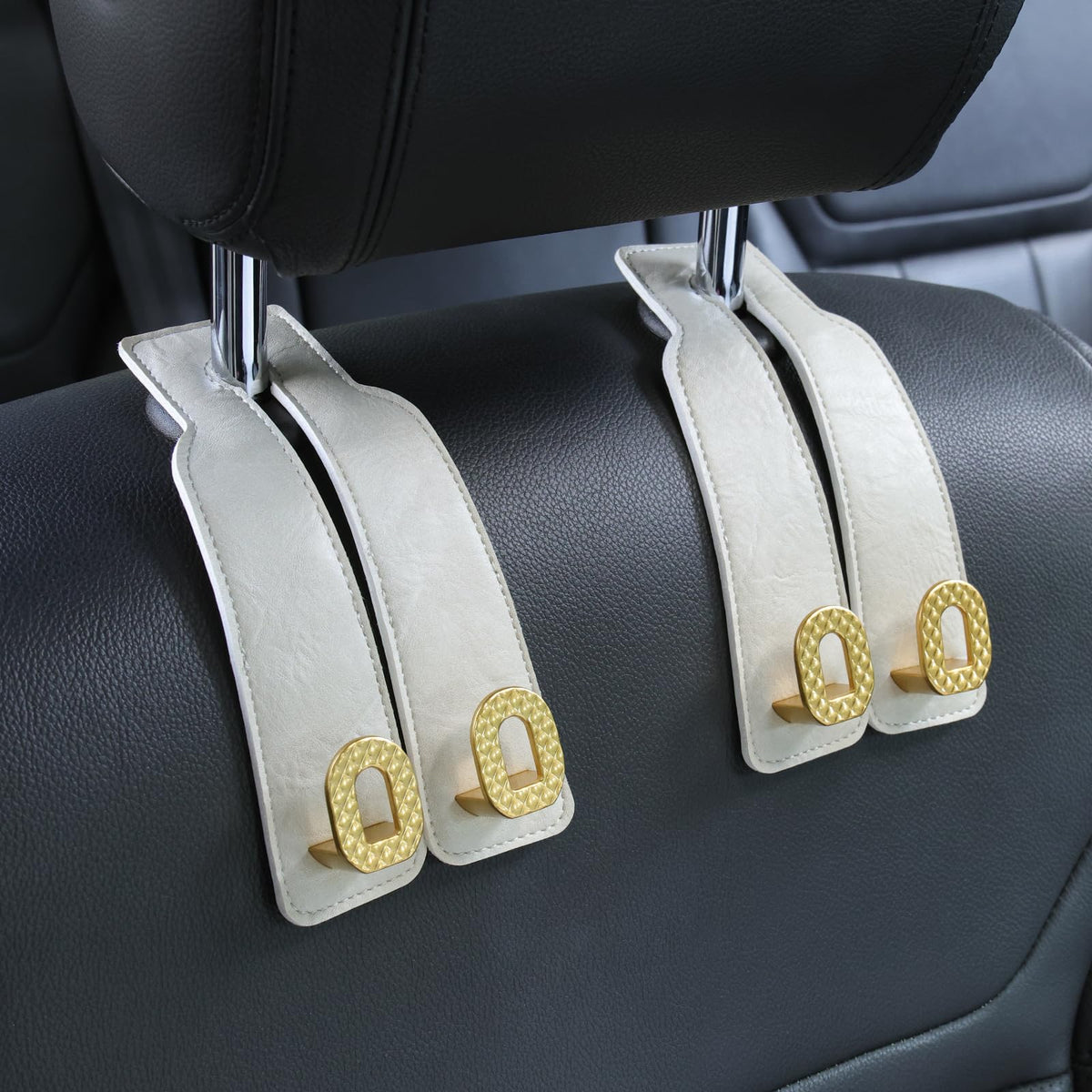 Car Headrest Hooks Universal Car Purse Hook Premium Leather and Alloy Twin Hook Car Seat Back Storage Hanger Hook for Purse Bags Cloth Drink Durable Holder Car Accessories (BH09-Grey-Black)