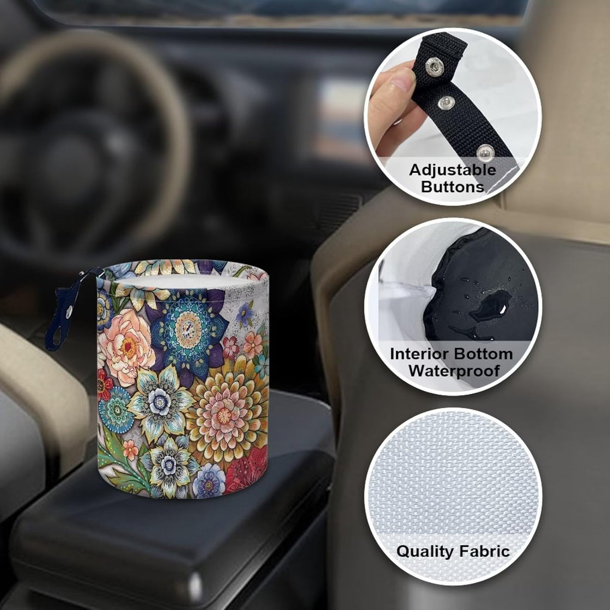 Boho Flowers Car Trash Can Waterproof Auto Vehicle Garbage Organizer Bag Hanging Car Waste Basket Holder for Front Seat Back, Seat, Floor, Headrest