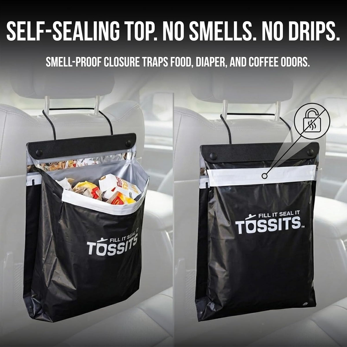 Tossits Hanging Car Trash & Garbage Bags, Disposable, Black 7 Count