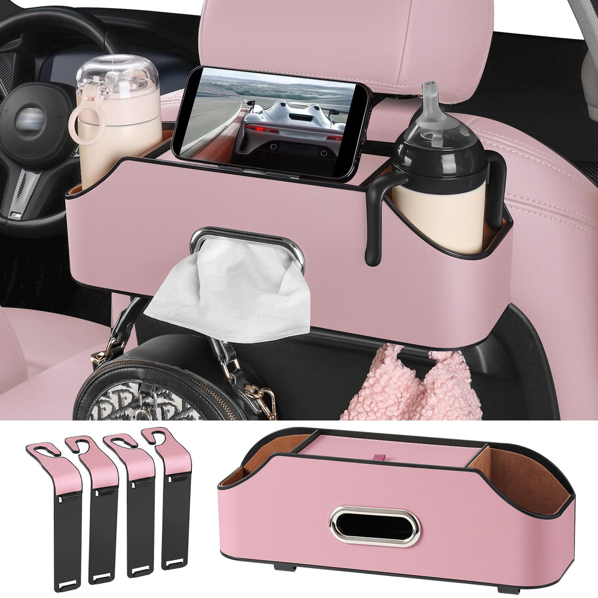 Car Seat Back Cup Holder, 4-in-1 Multifunctional Backseat Organizer with Tissue Box Storage & Hooks (Gray)