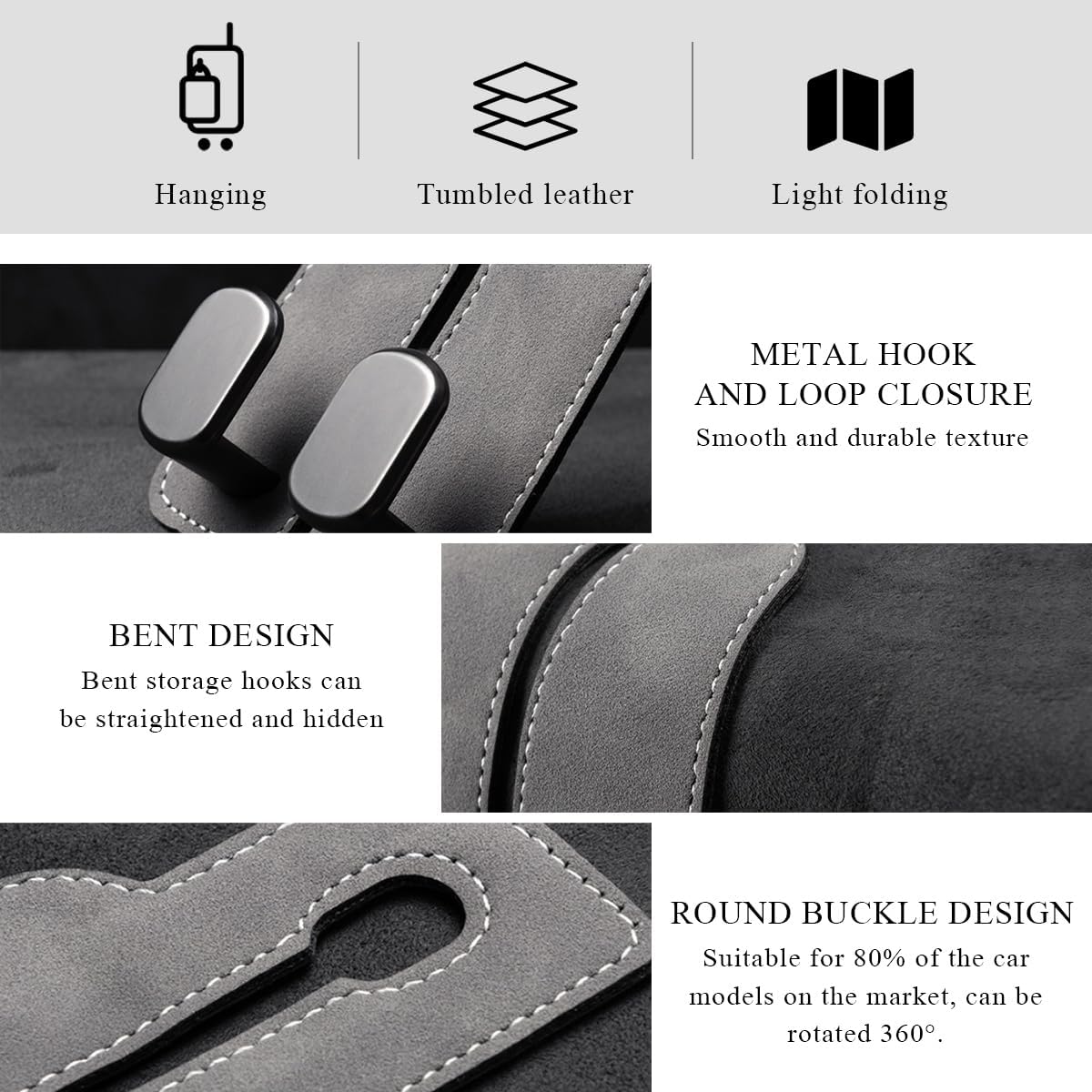 2 PCS Car Seat Headrest Hook, Back Seat Hanger with Double Flexible Leather Hooks, Soft Leather Double Headrest Metal Hooks Purse Handbag Organizer, Car Accessories (Brown)